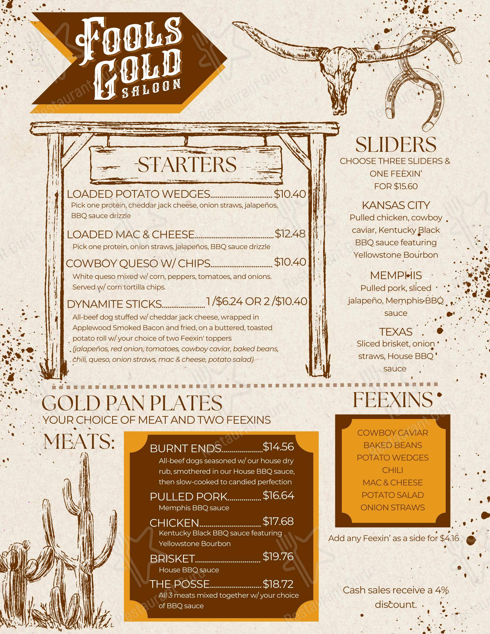 Меню паба и бара Fool’s Gold Saloon в Рочестере