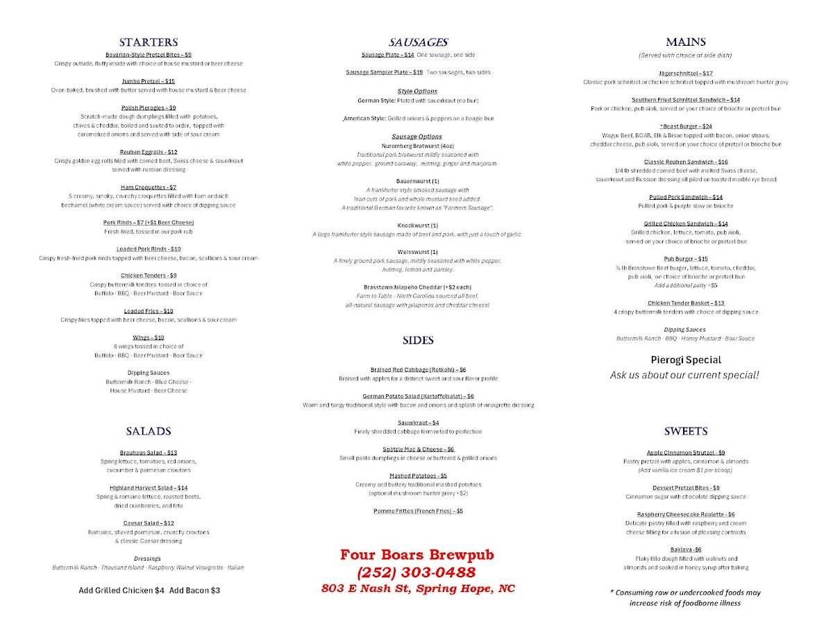 Four Boars European Kitchen (formerly Brewpub) меню