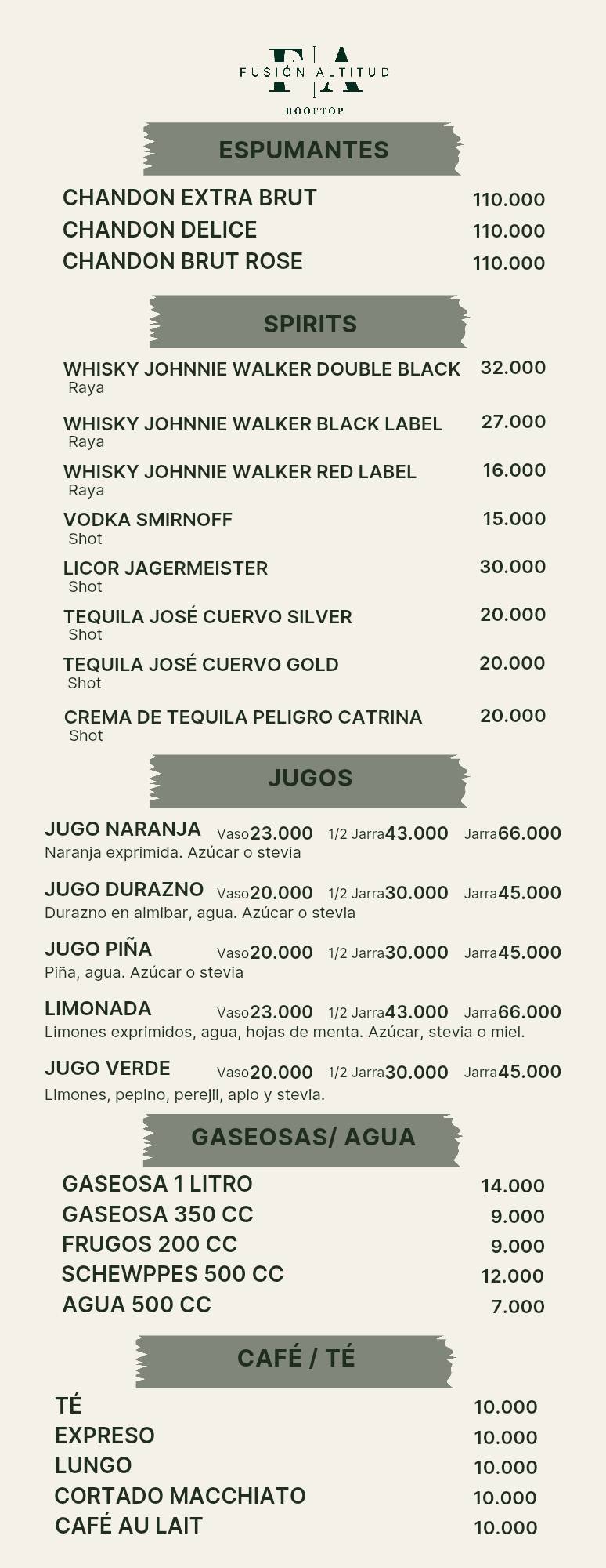 Fusión Altitud Rooftop меню