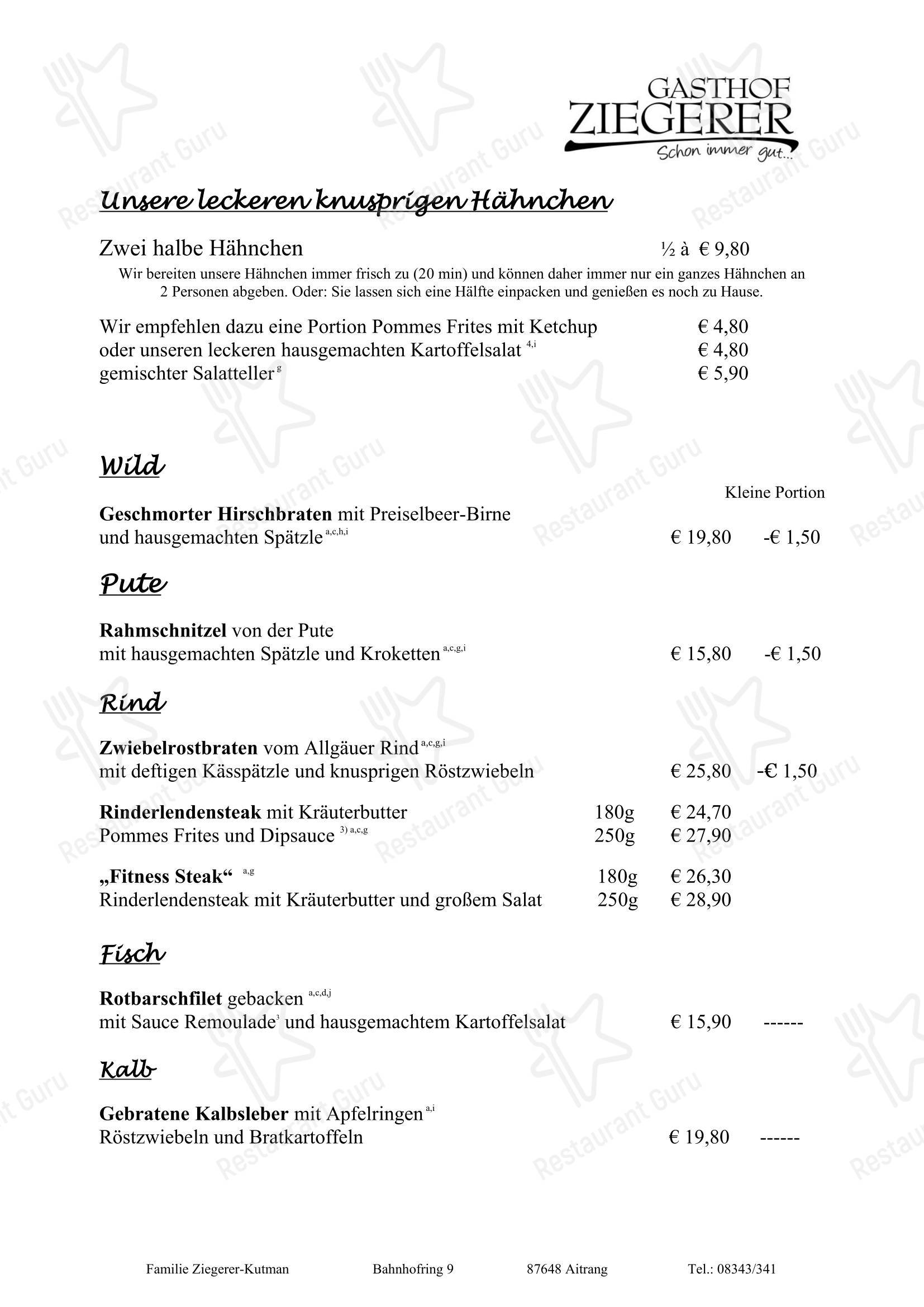 Меню ресторана Gasthaus Ziegerer Aitrang - Меню