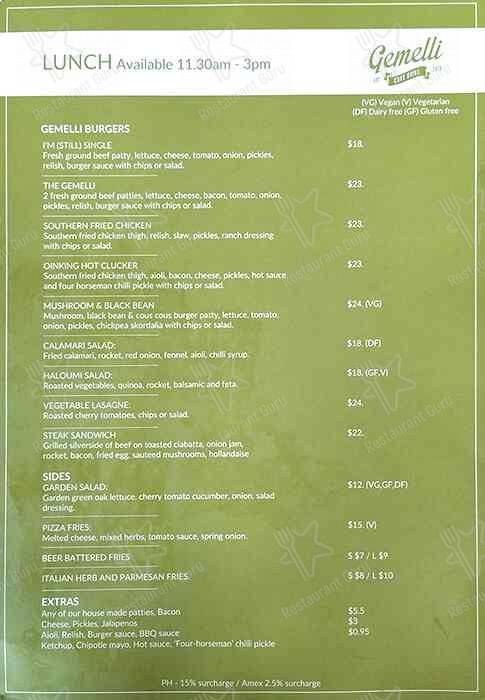 Gemelli Cafe Grill. меню