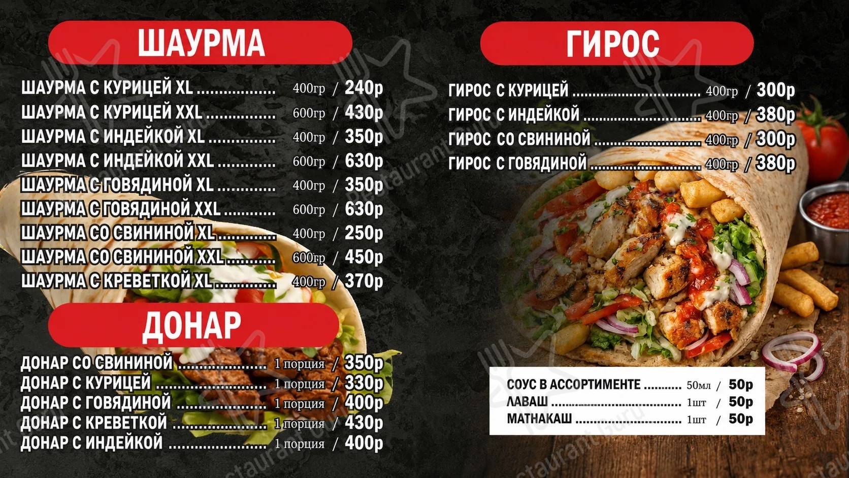 Меню Гриль Маркет - блюда и напитки