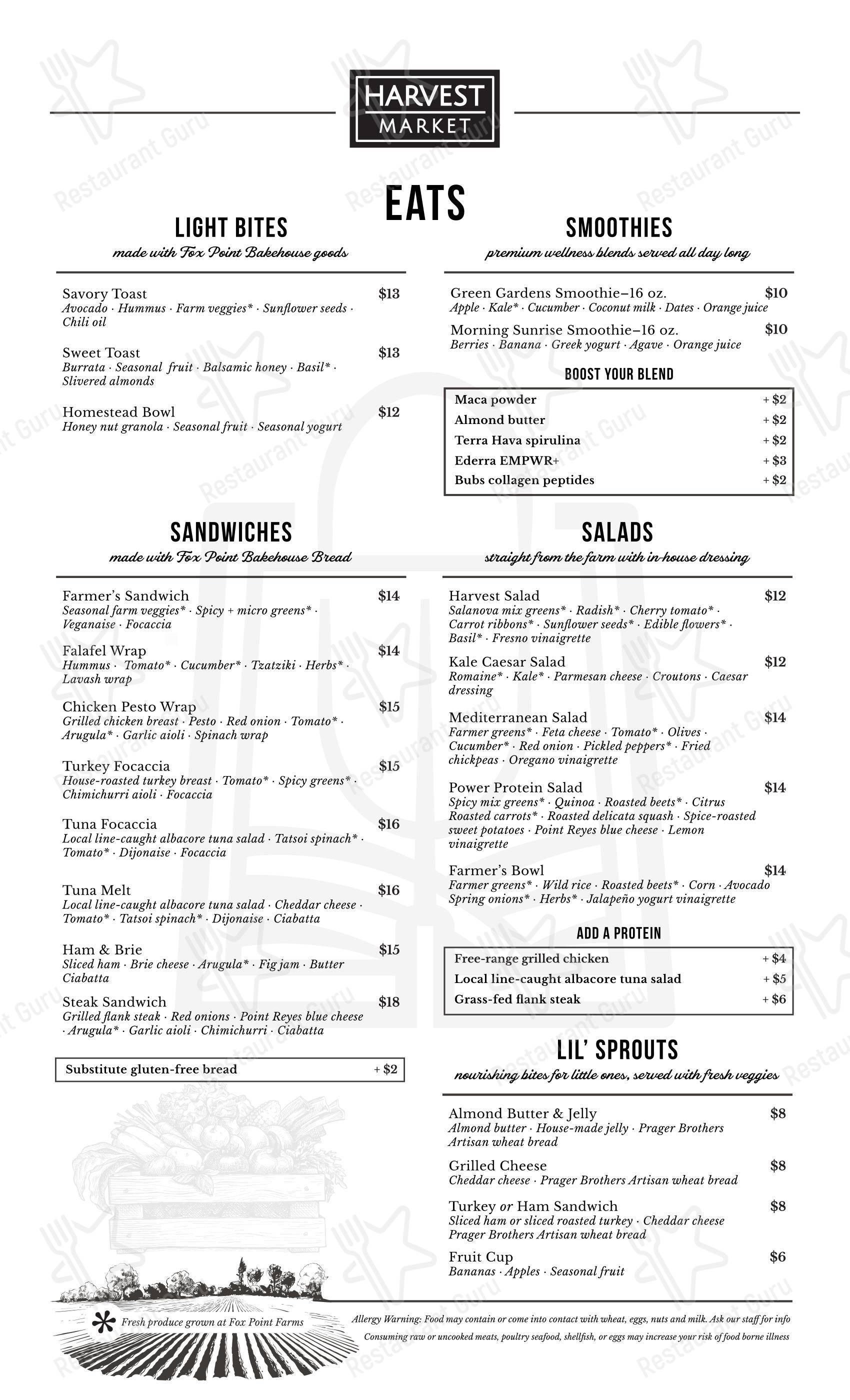 Lunch Menu кафе Harvest Market