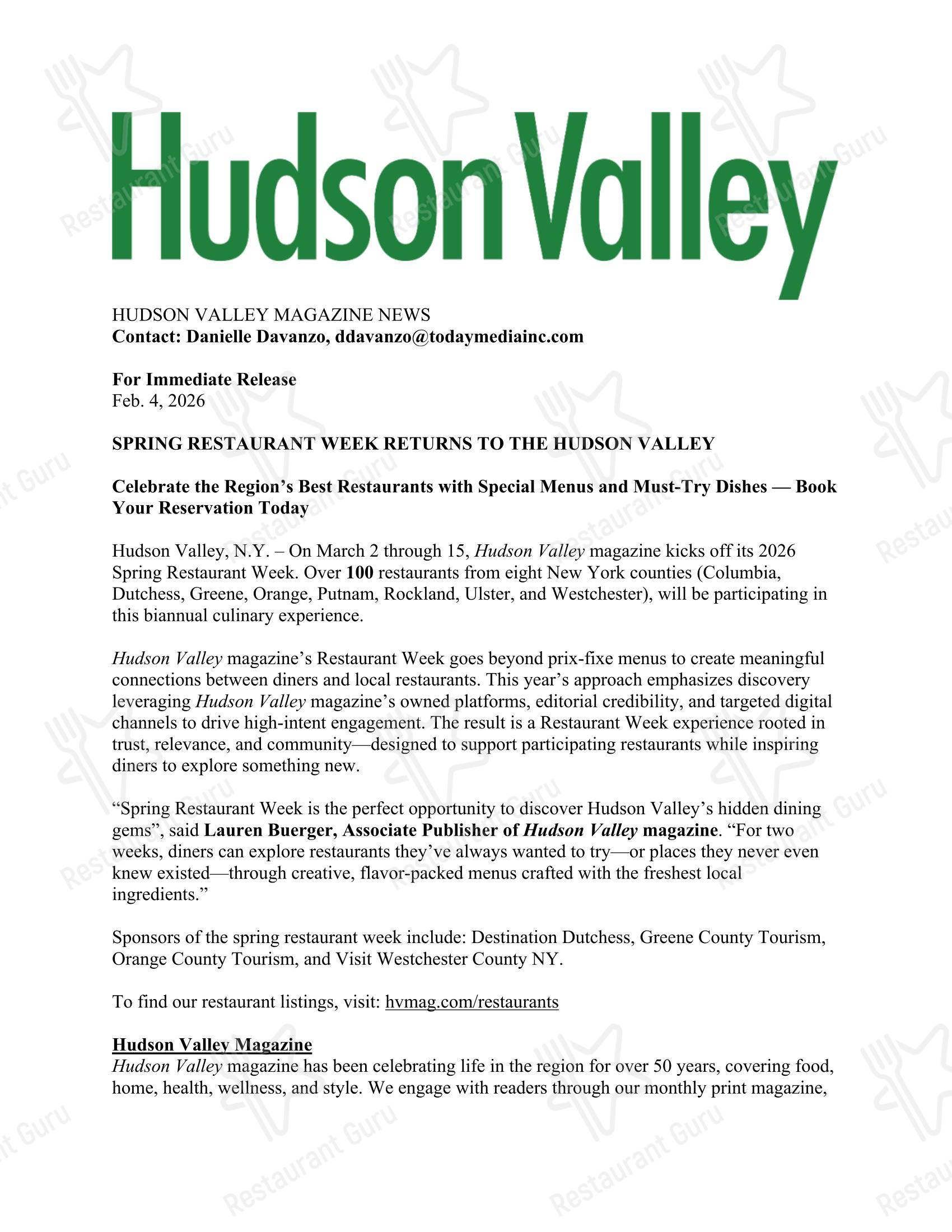 Меню десерта Hudson Valley Restaurant Week в Фишкилле