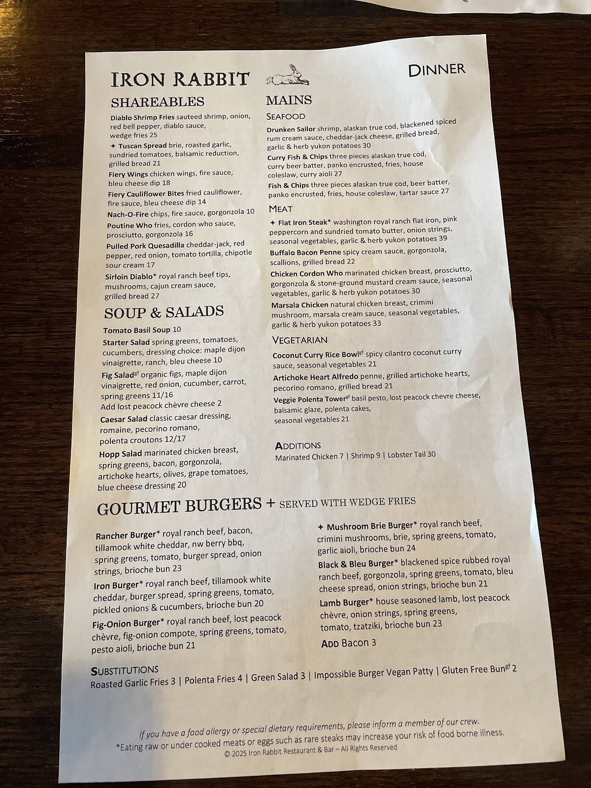 Iron Rabbit Restaurant & Bar меню