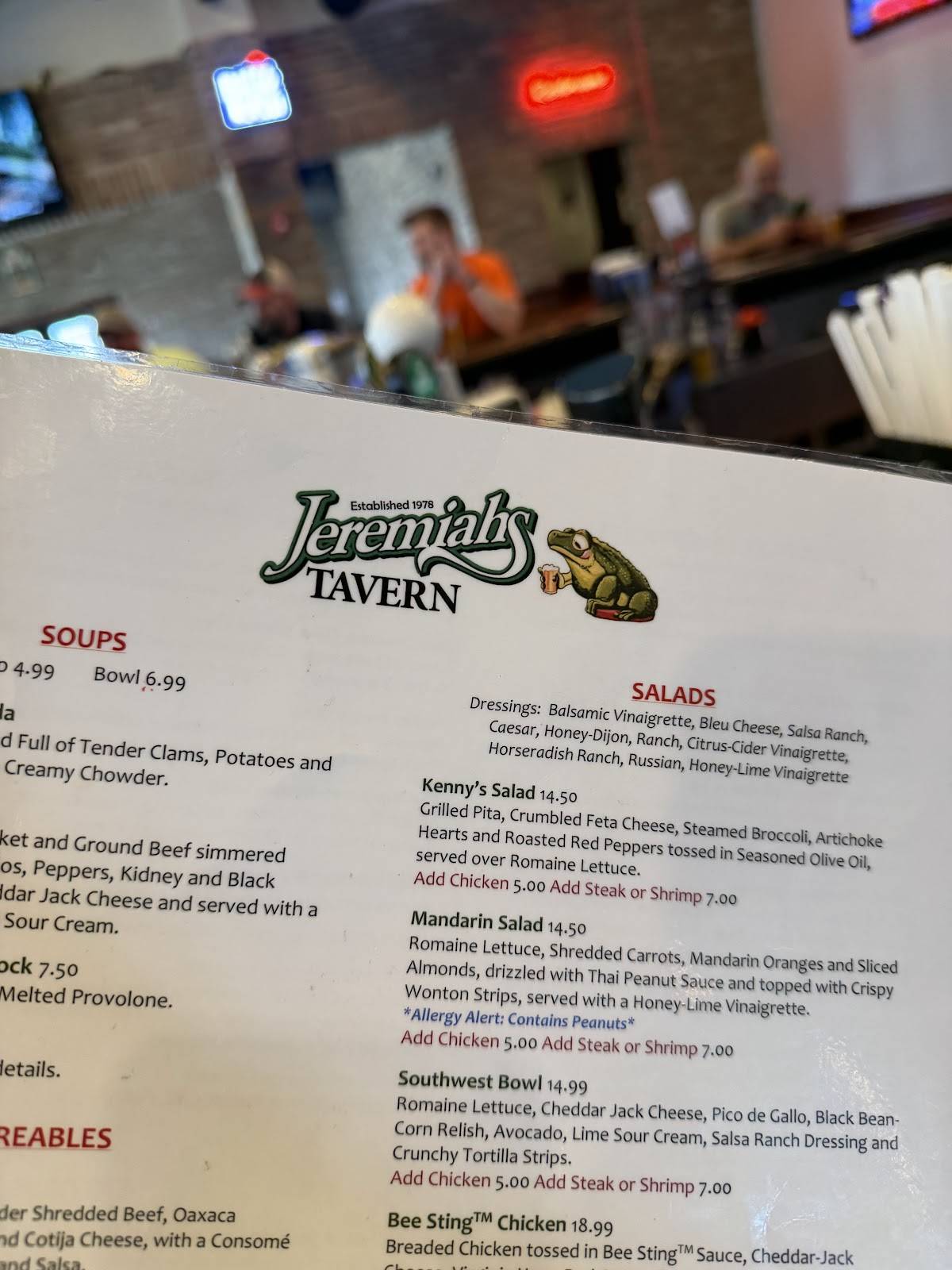 Jeremiah's Tavern меню