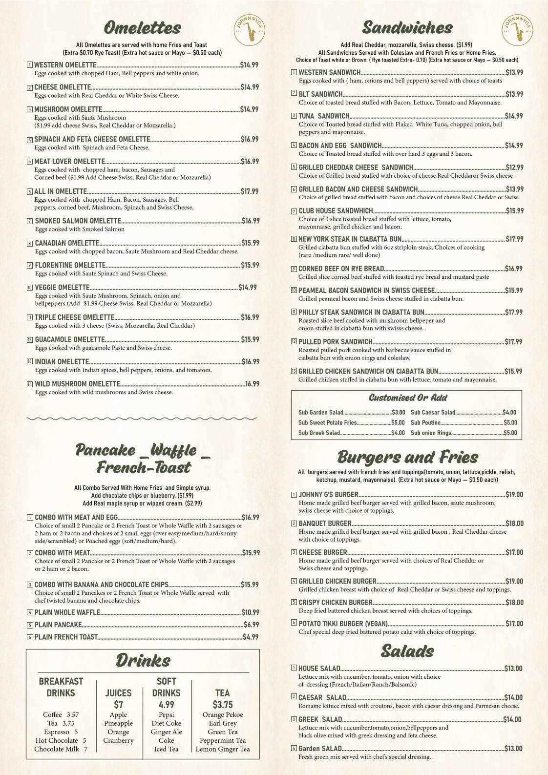 Johnny G's Cafe меню