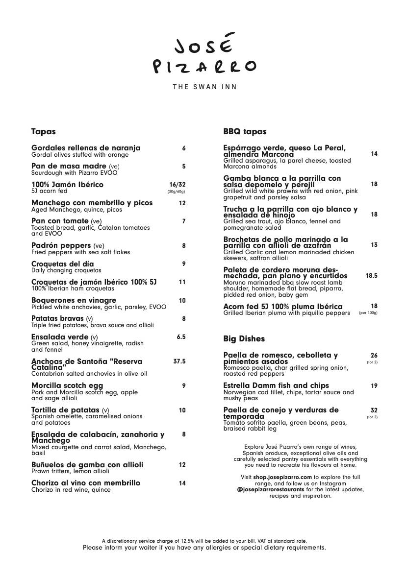 José Pizarro The Swan Inn меню
