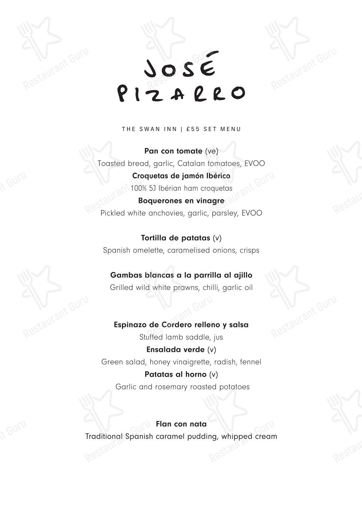 Menu bistro паба и бара José Pizarro The Swan Inn