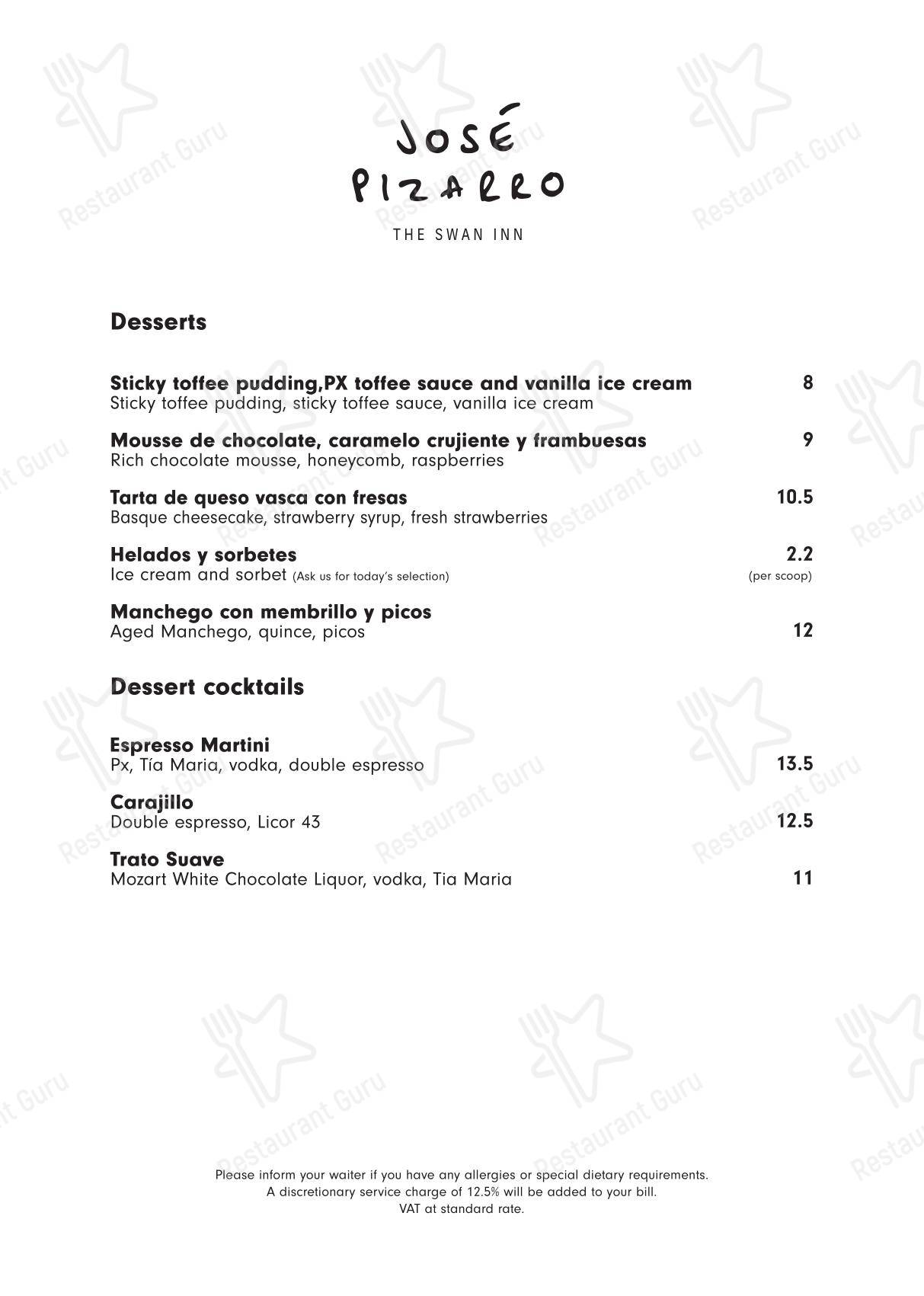 Wine Menu паба и бара José Pizarro The Swan Inn в Эшере