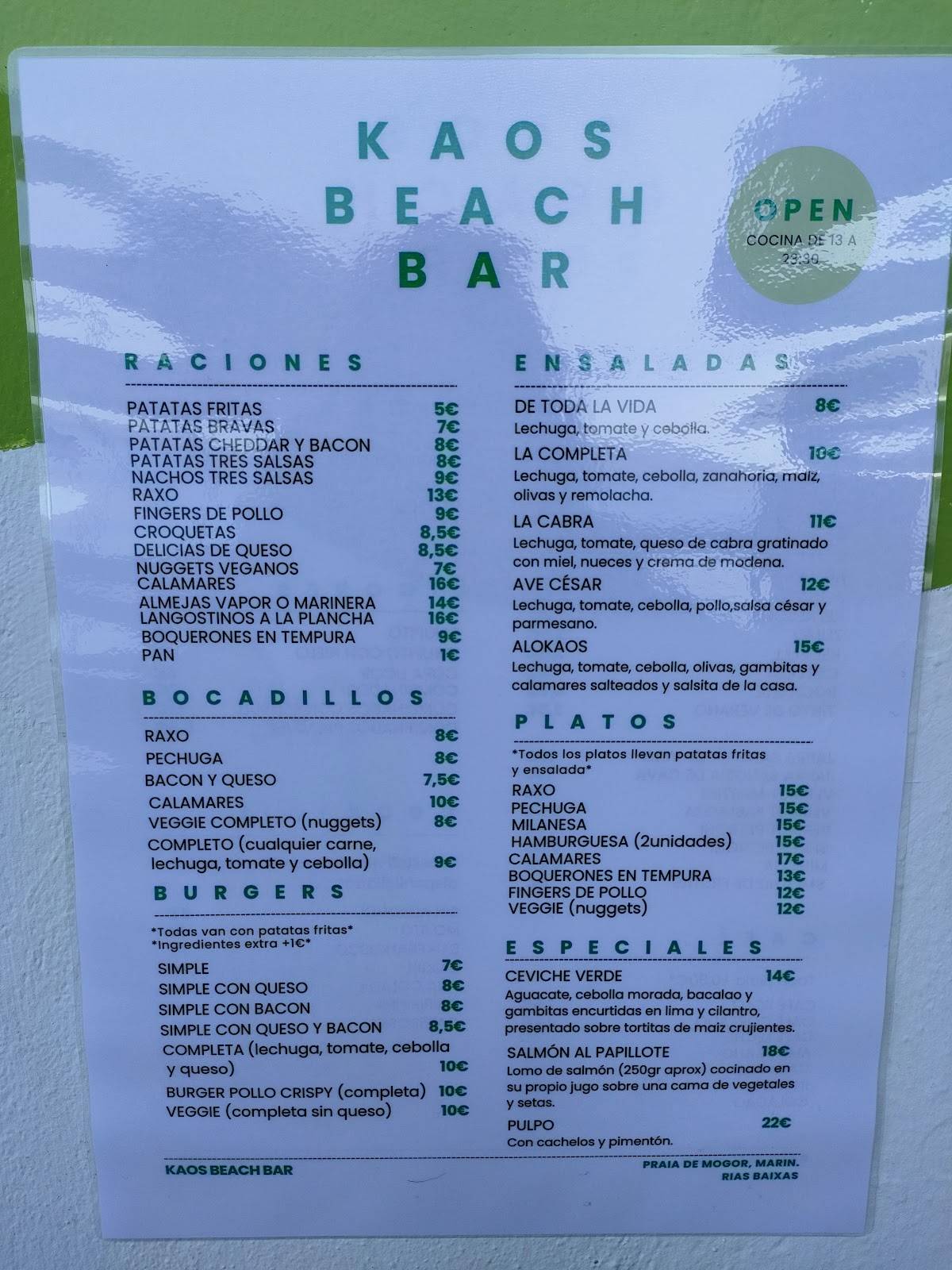KAOS BEACH BAR меню