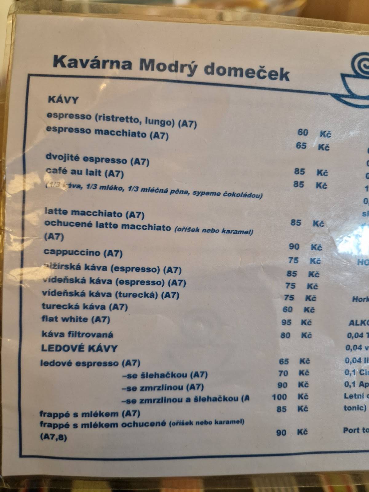 Kavárna Modrý domeček меню