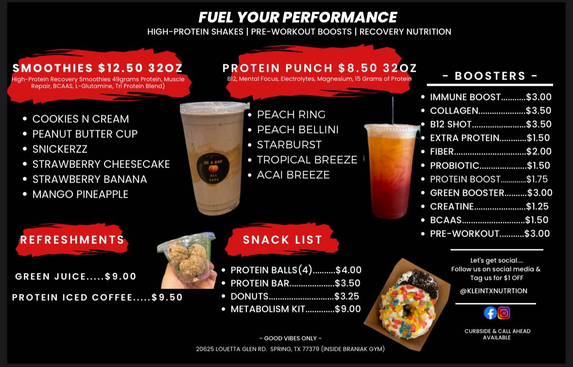 Klein TX Nutrition меню