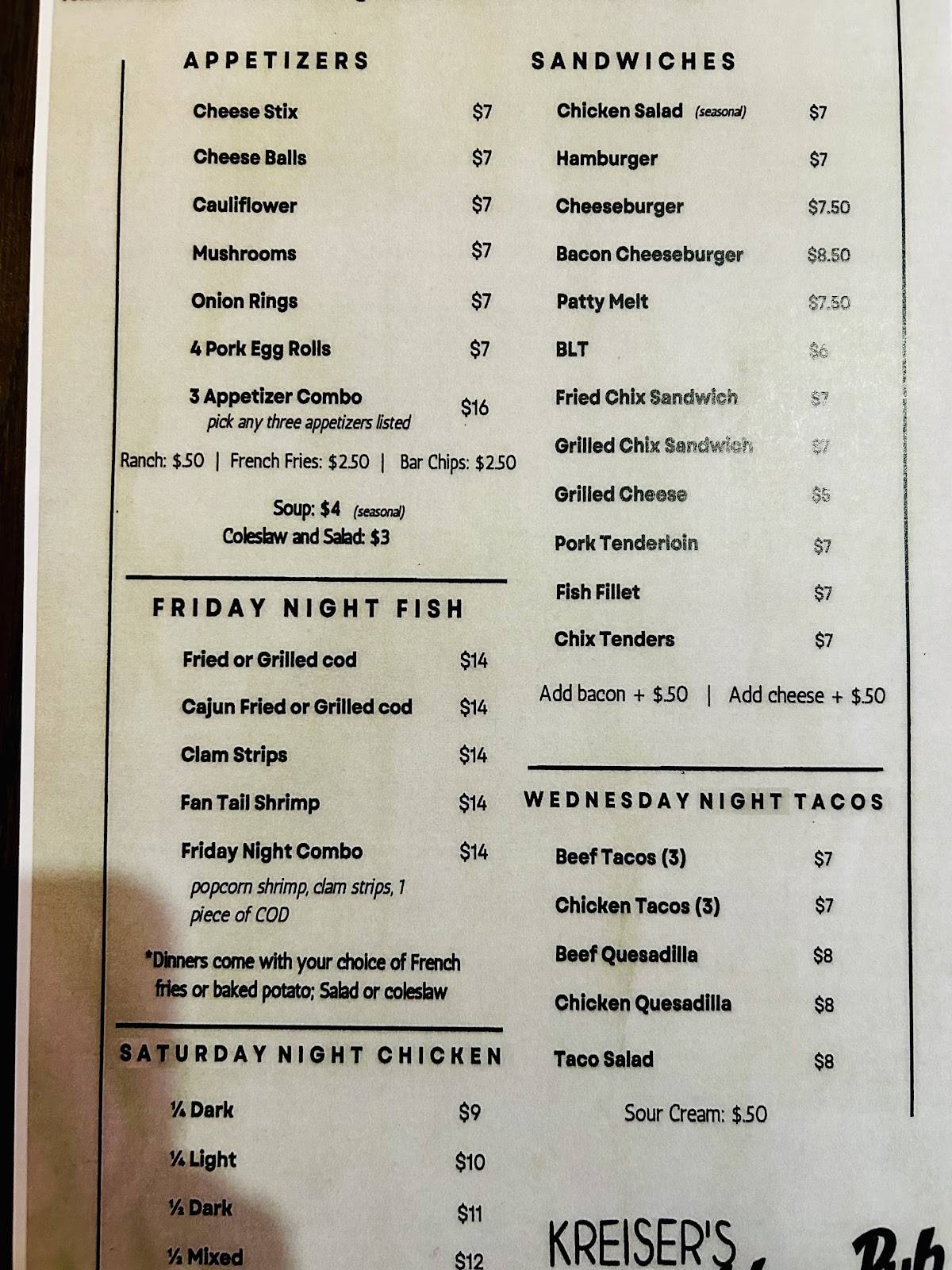Kreiser’s No Problem Pub меню