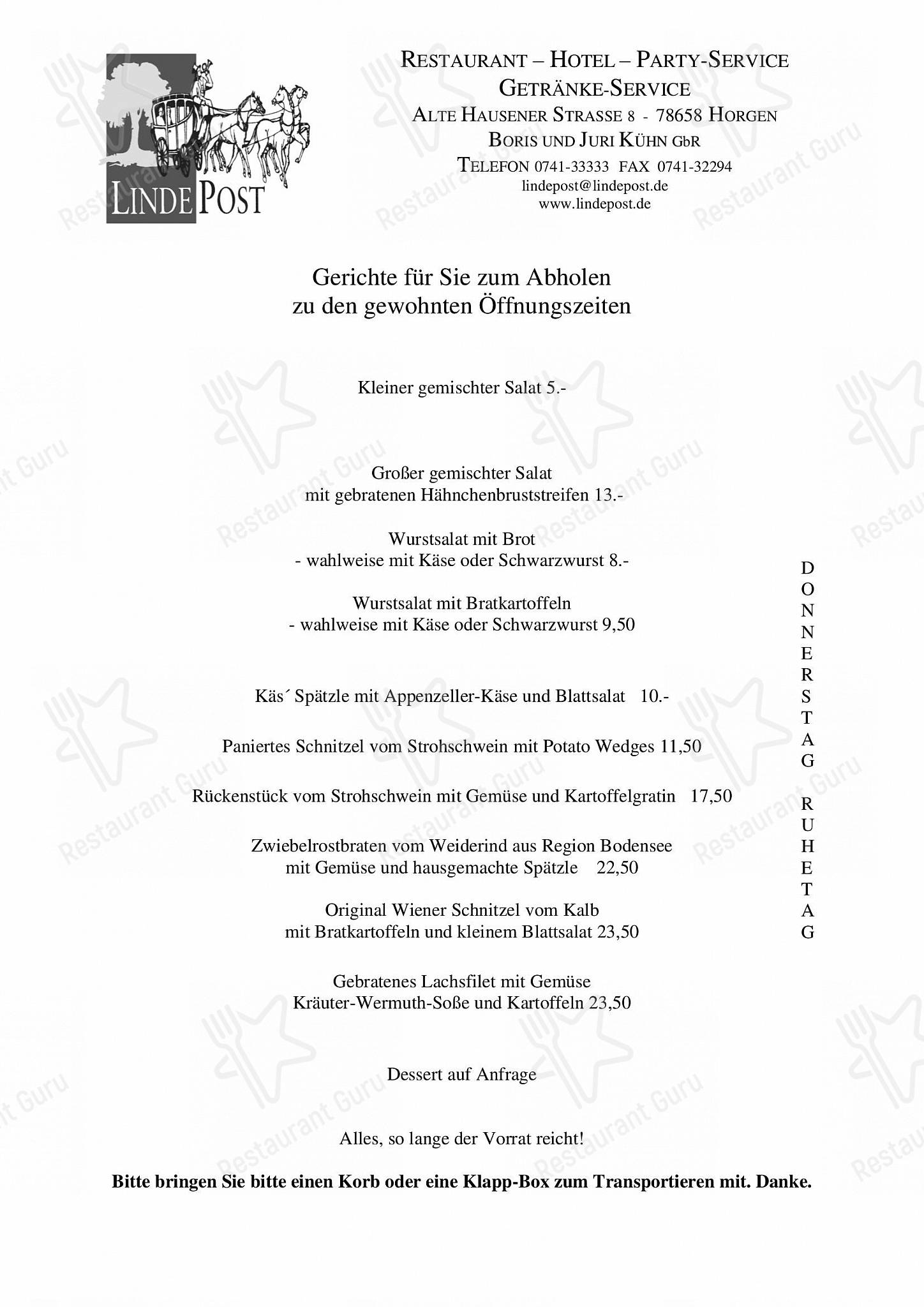 Меню ресторана Restaurant Hotel Linde Post - Lunch Menu