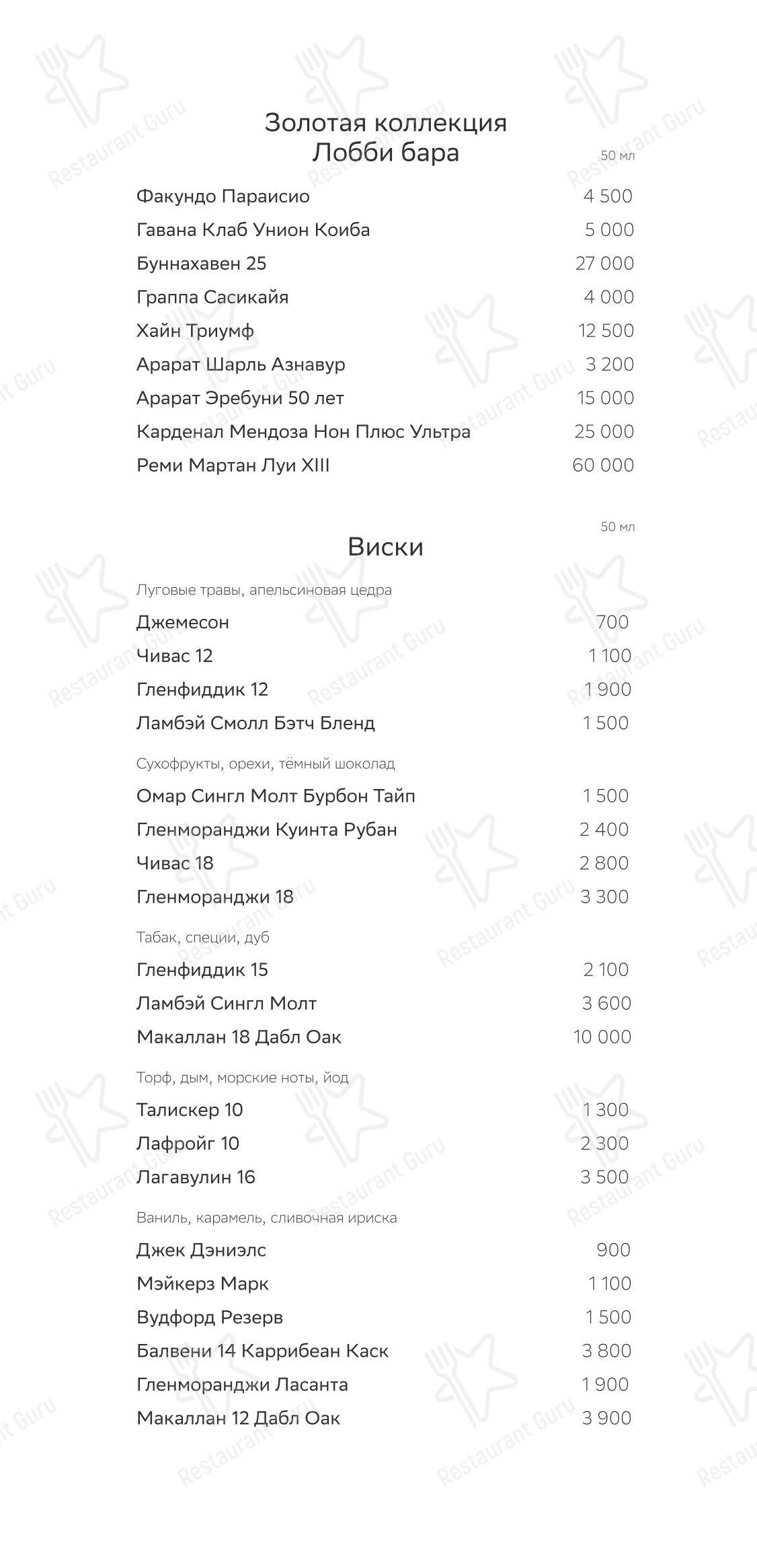 Меню паба и бара Lobby Bar - Меню напитков
