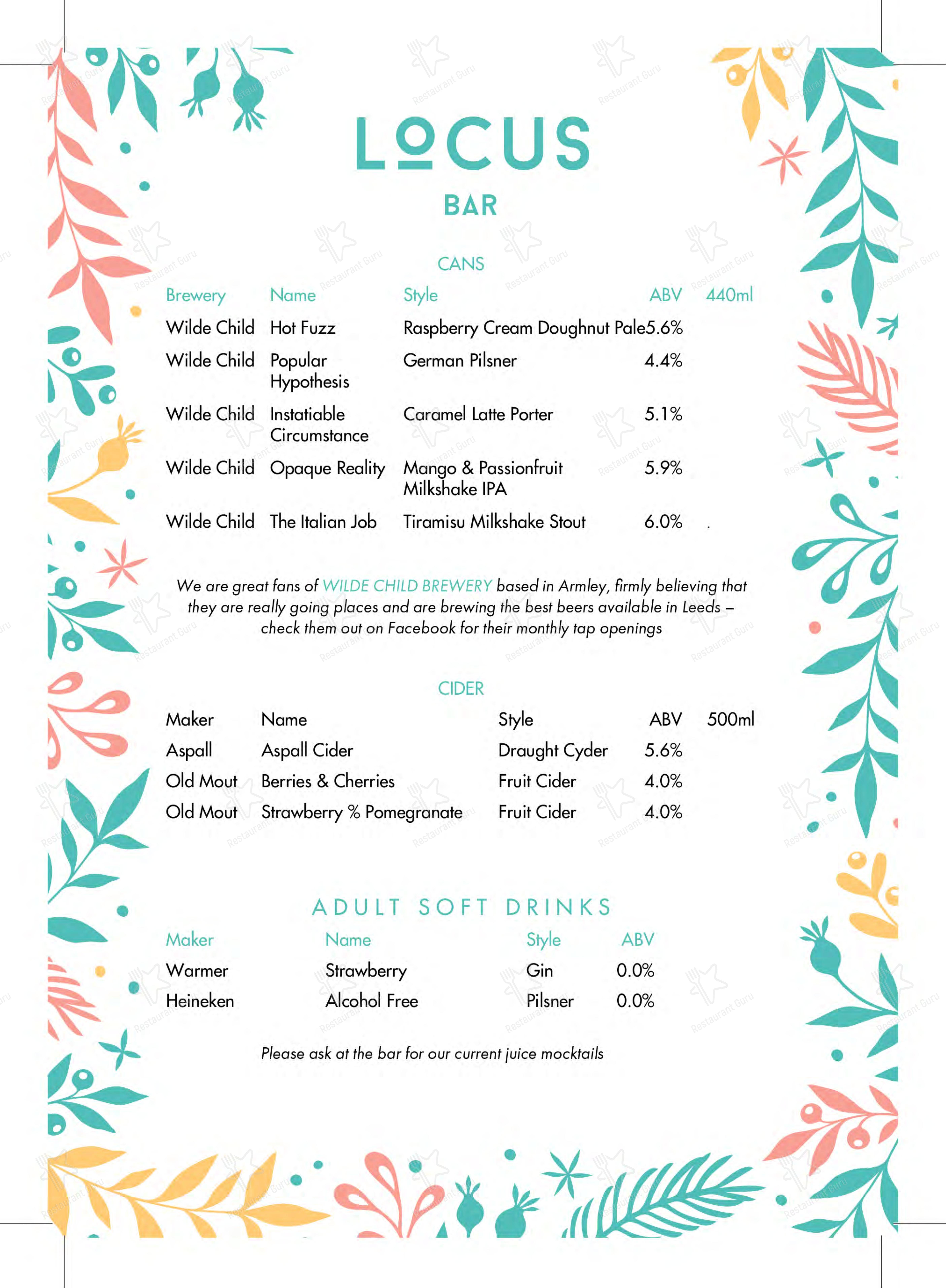 Меню паба и бара Locus Bar в Лидсе