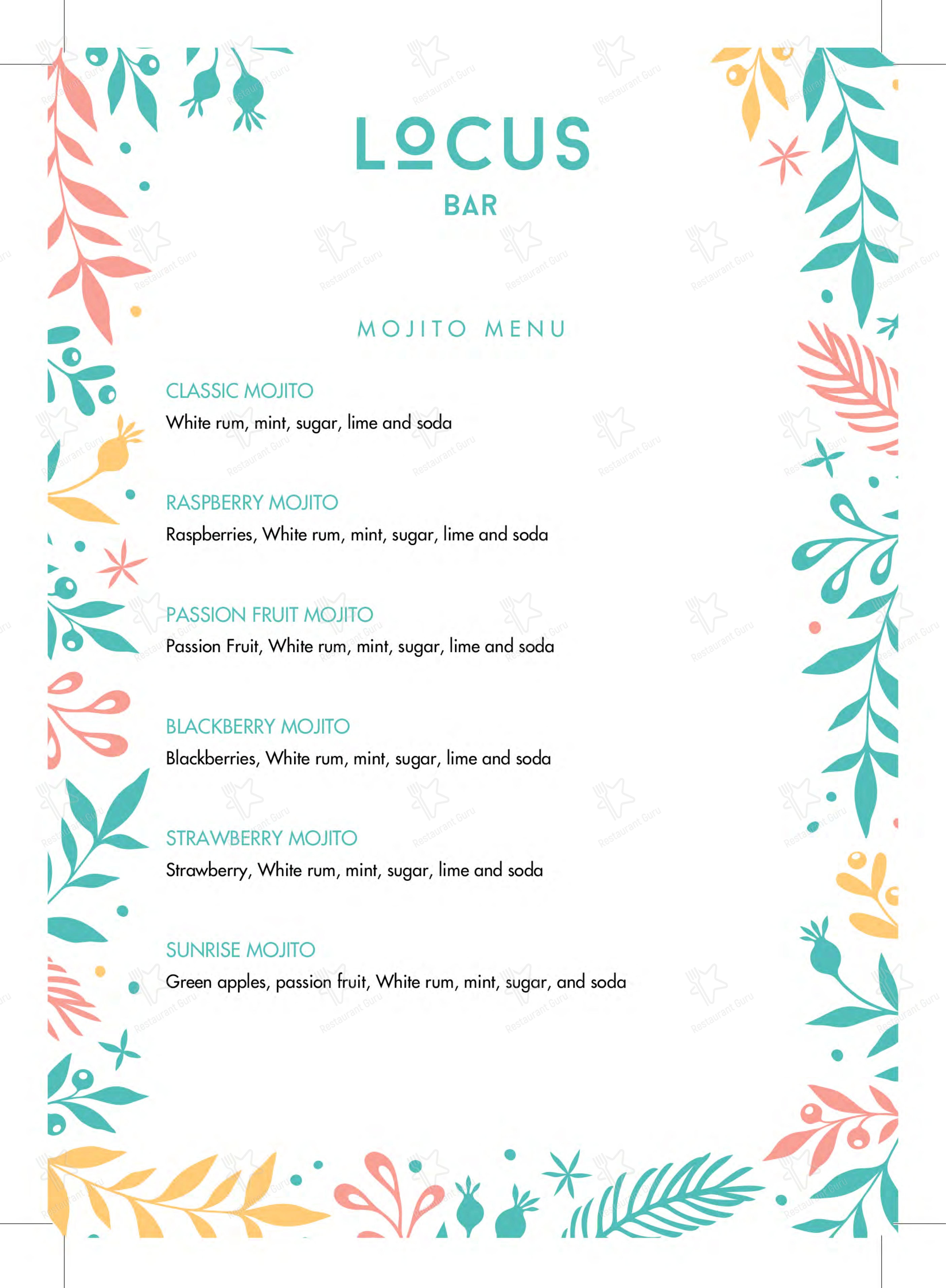 Locus Bar в Лидсе - Меню
