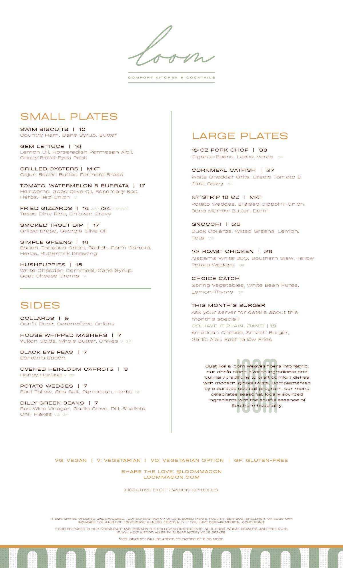 Loom Comfort Kitchen & Cocktails меню