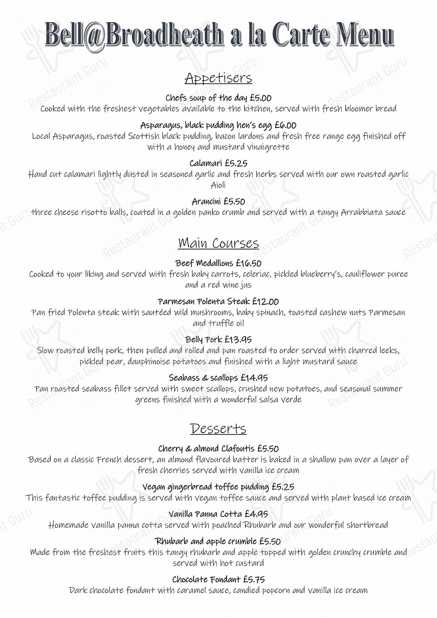The Bell Inn Broadheath в Вустере - Group Booking Menu