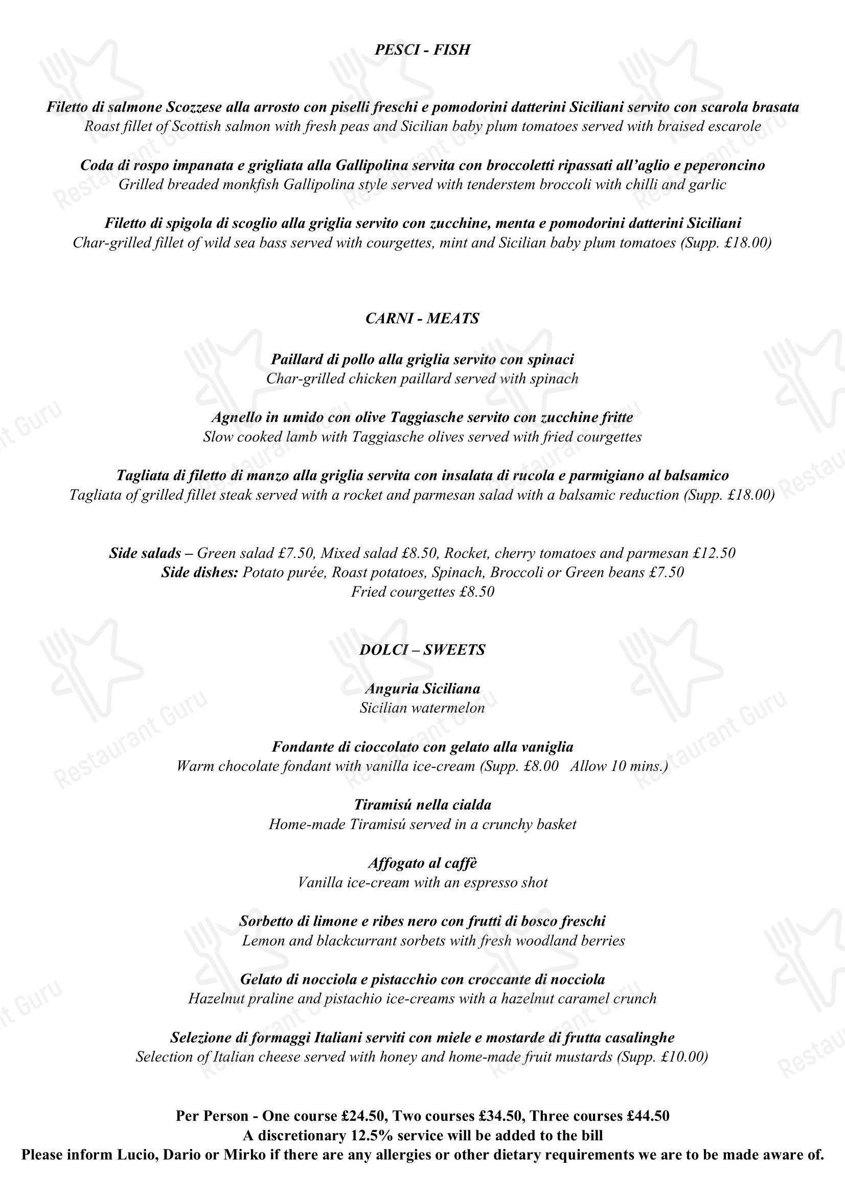 Lucio Restaurant в Лондоне - Основное меню