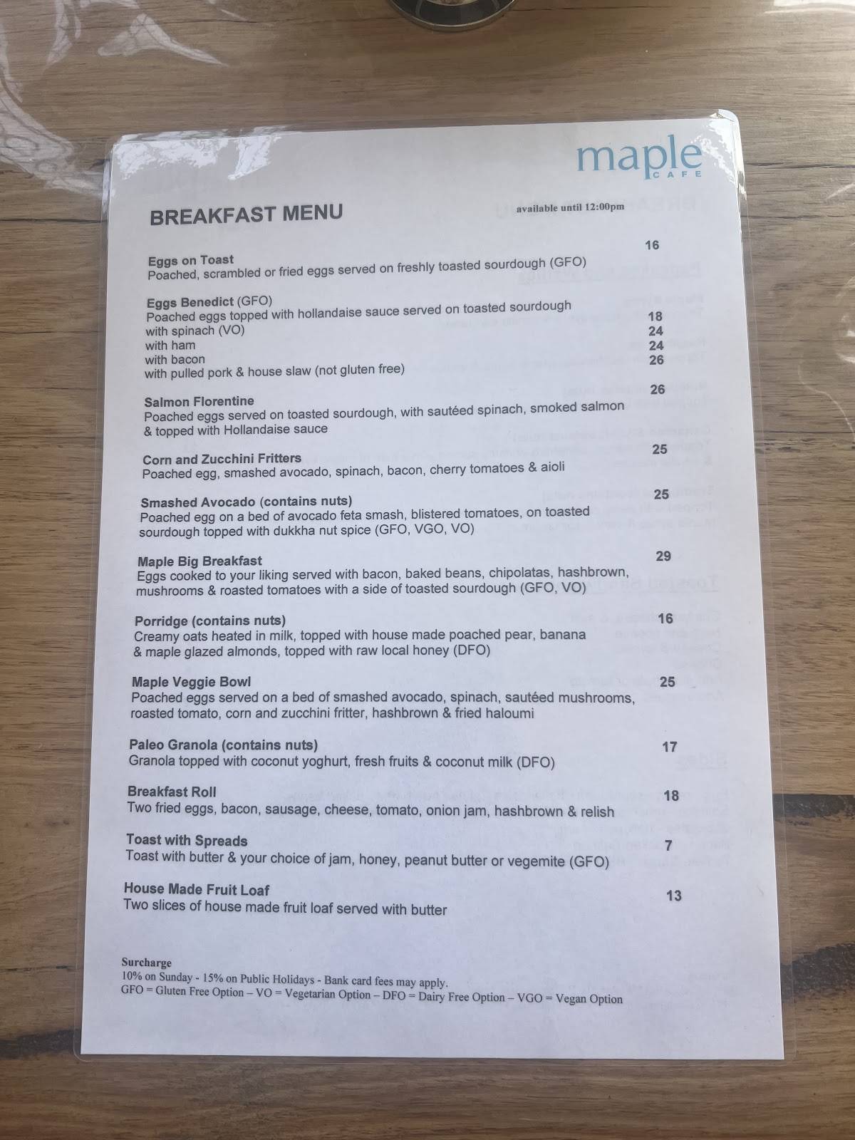 Maple Cafe меню