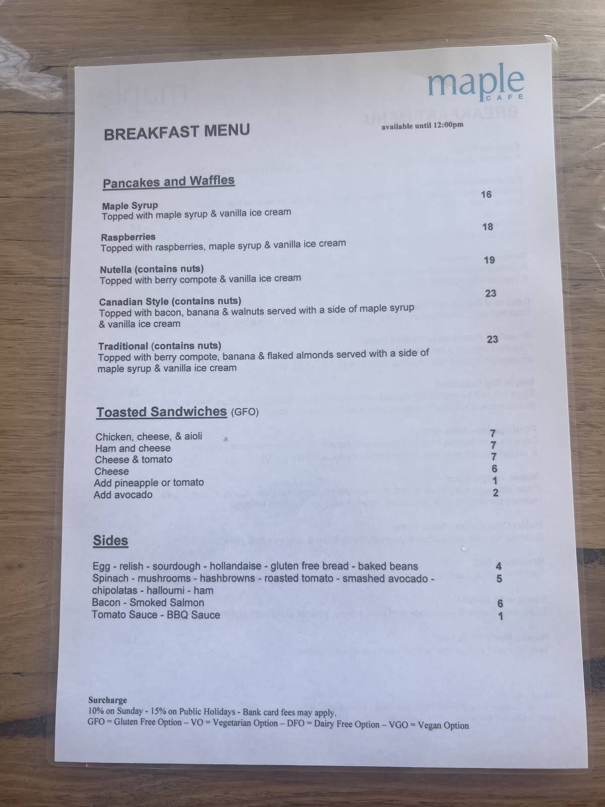 Maple Cafe меню