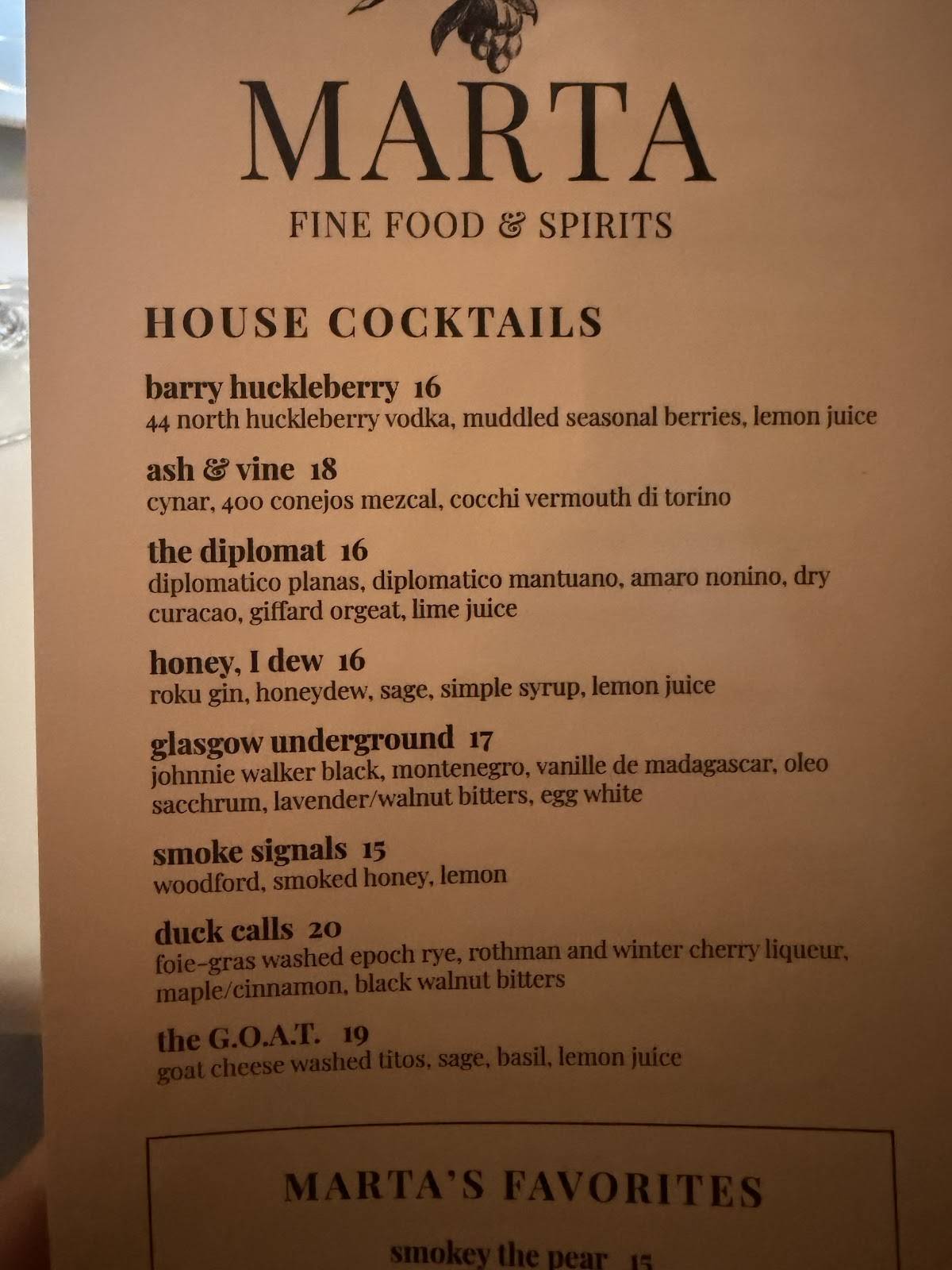 Marta Fine Food and Spirits меню