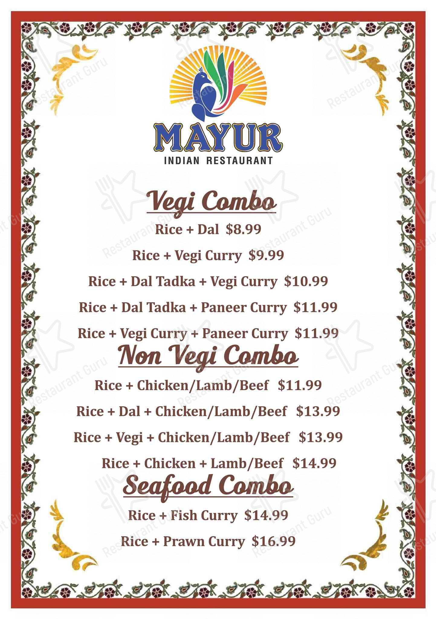 Mayur Indian Restaurant - East Perth меню