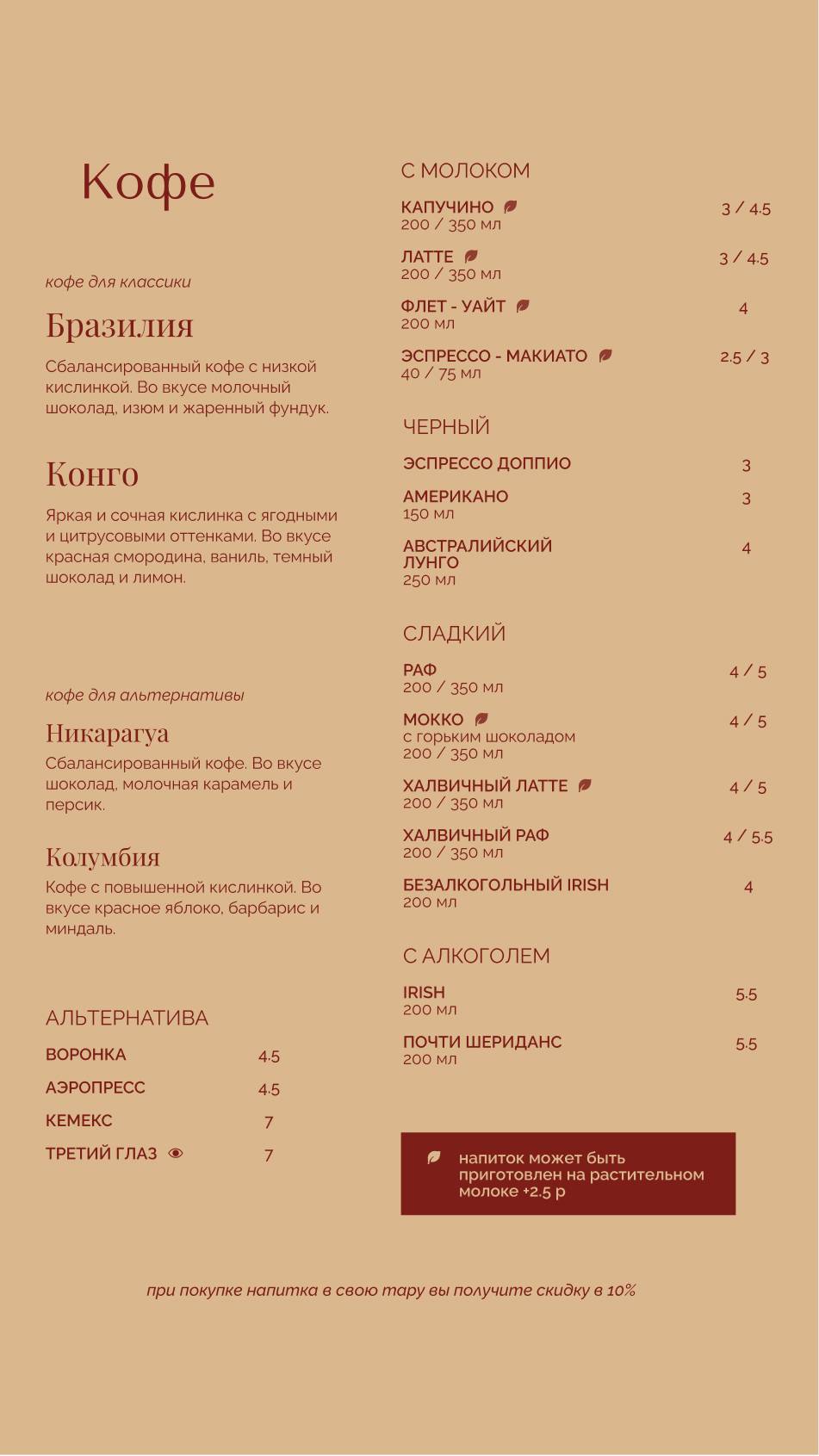 Кофейное пространство Fabrika меню