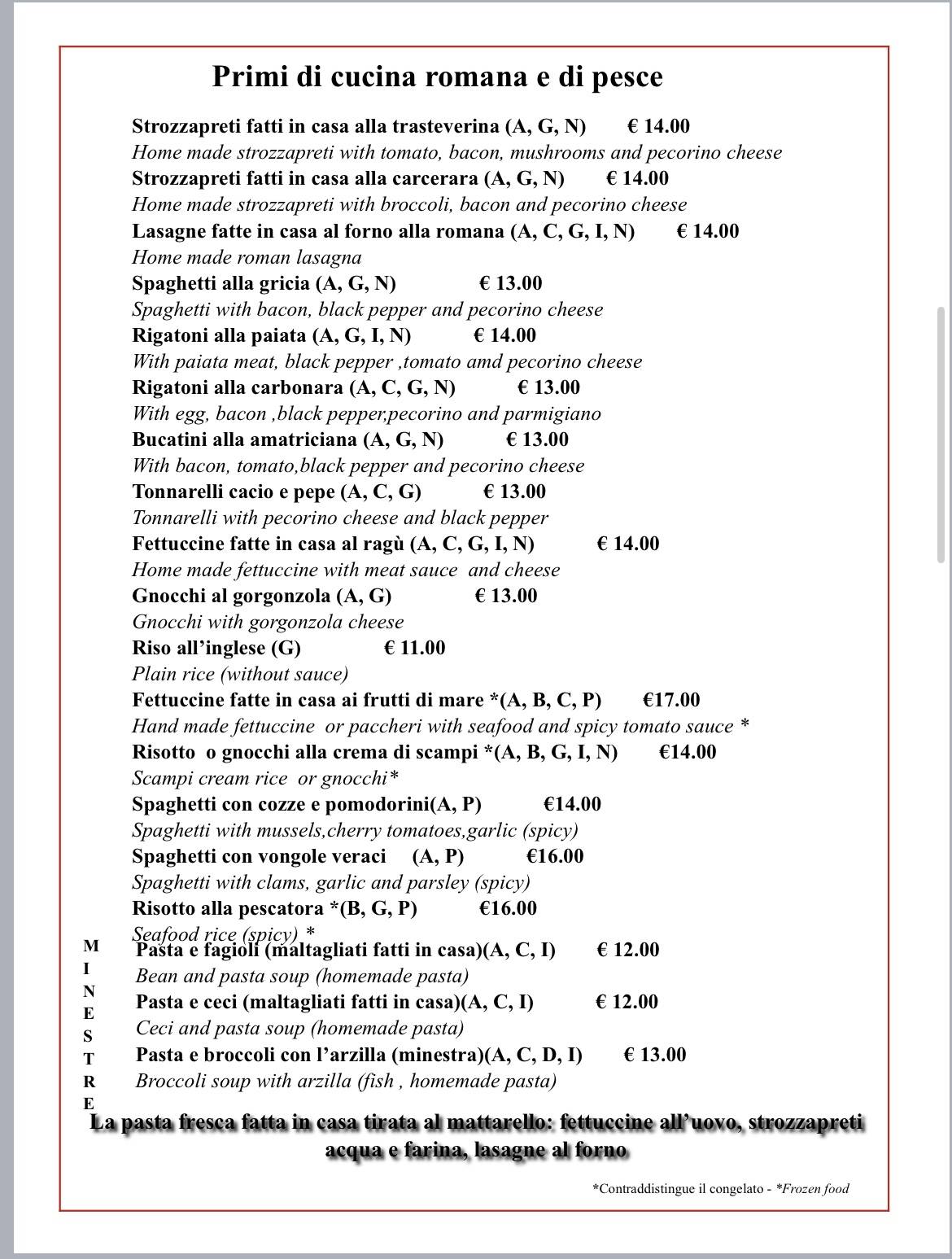 Miraggio Trastevere меню