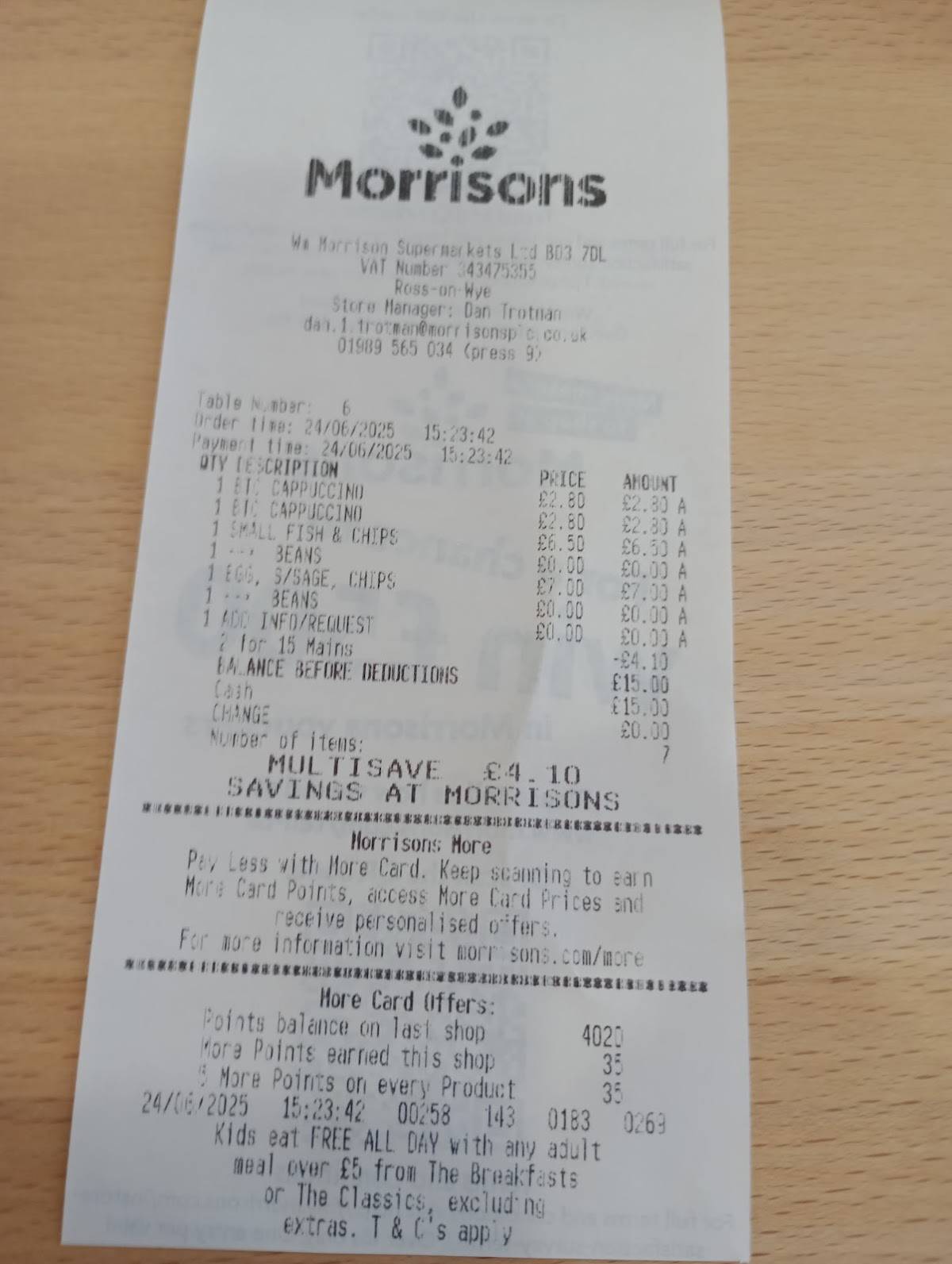 Morrisons Cafe меню