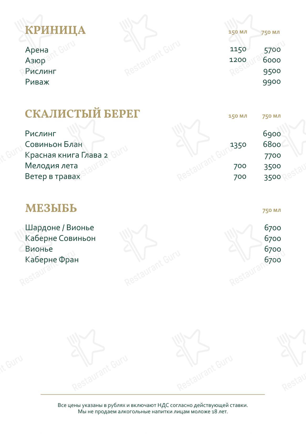 Ночное меню ресторана Небо в Геленджике
