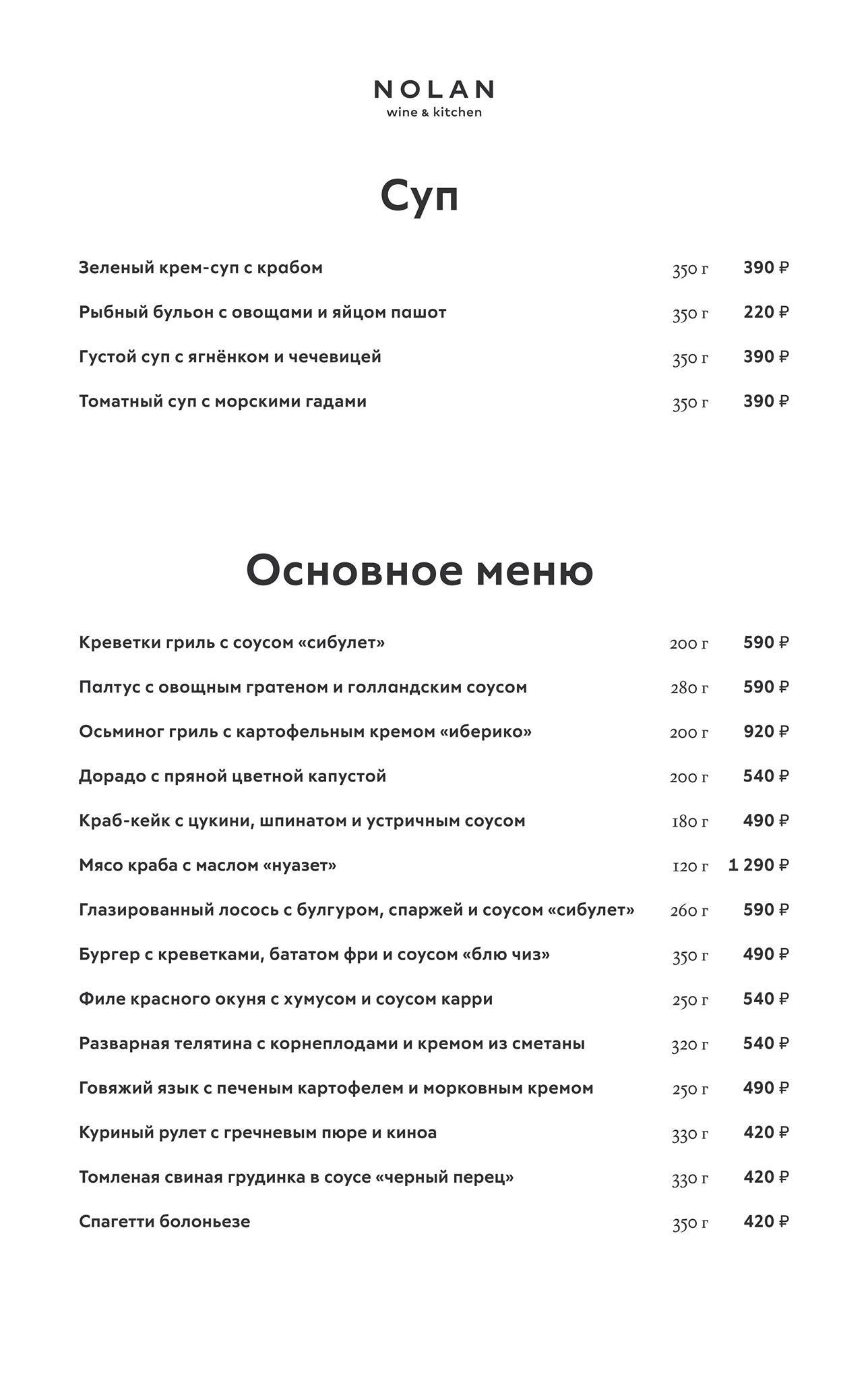 Nolan Wine & Kitchen меню