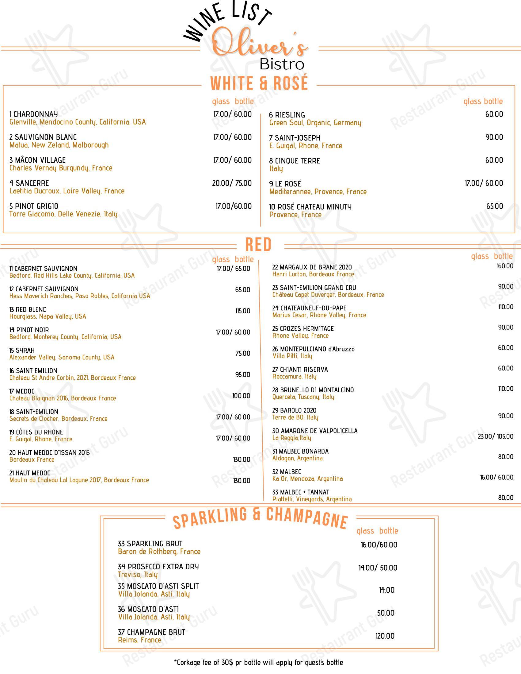 Меню ресторана Oliver's Bistro - 菜单