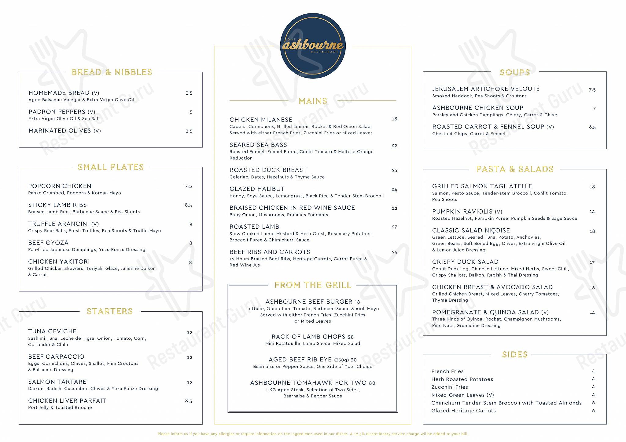 Takeaway Menu ресторана One Ashbourne в Лондоне