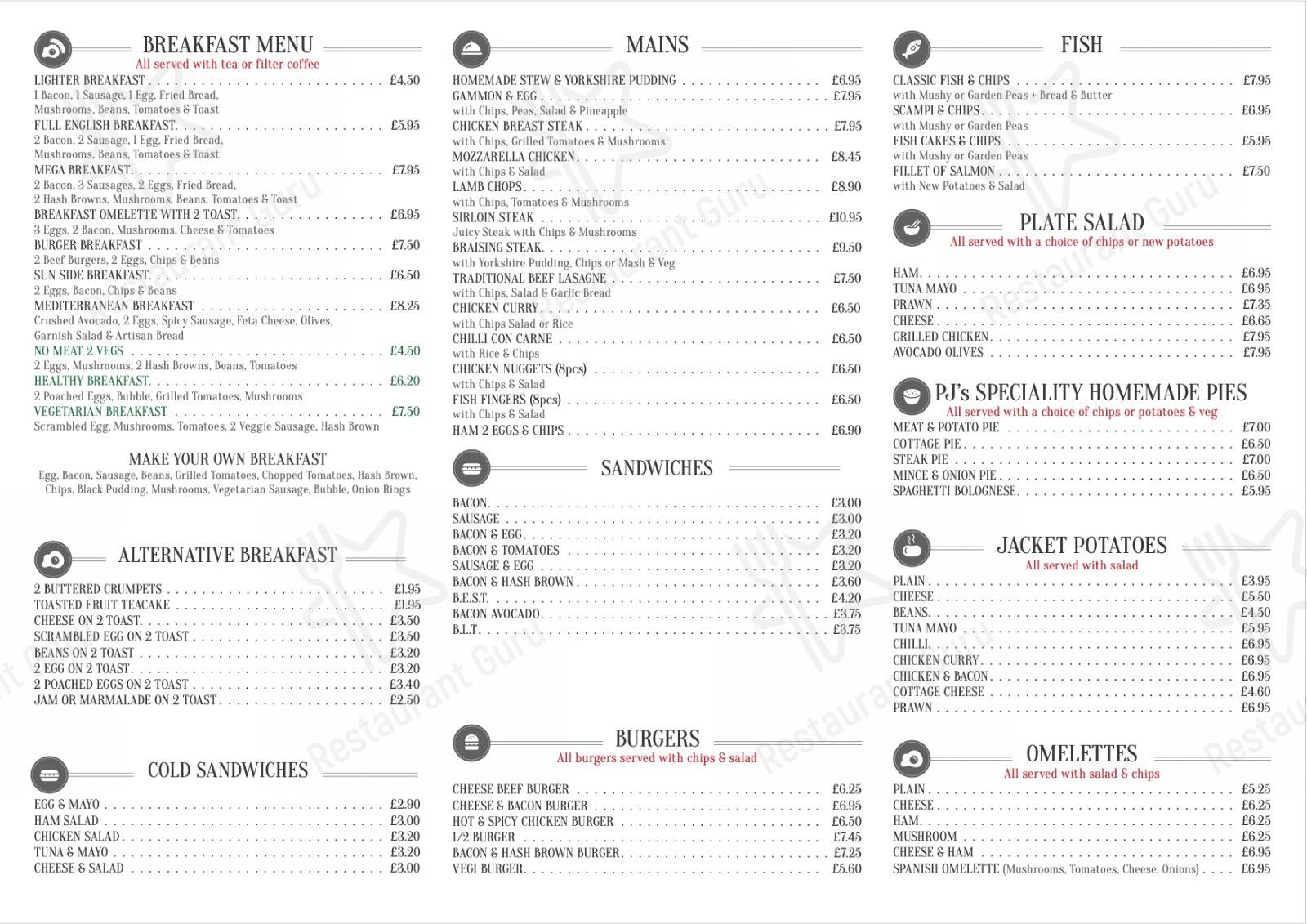 Меню кафе PJ’s CAFE & BISTRO