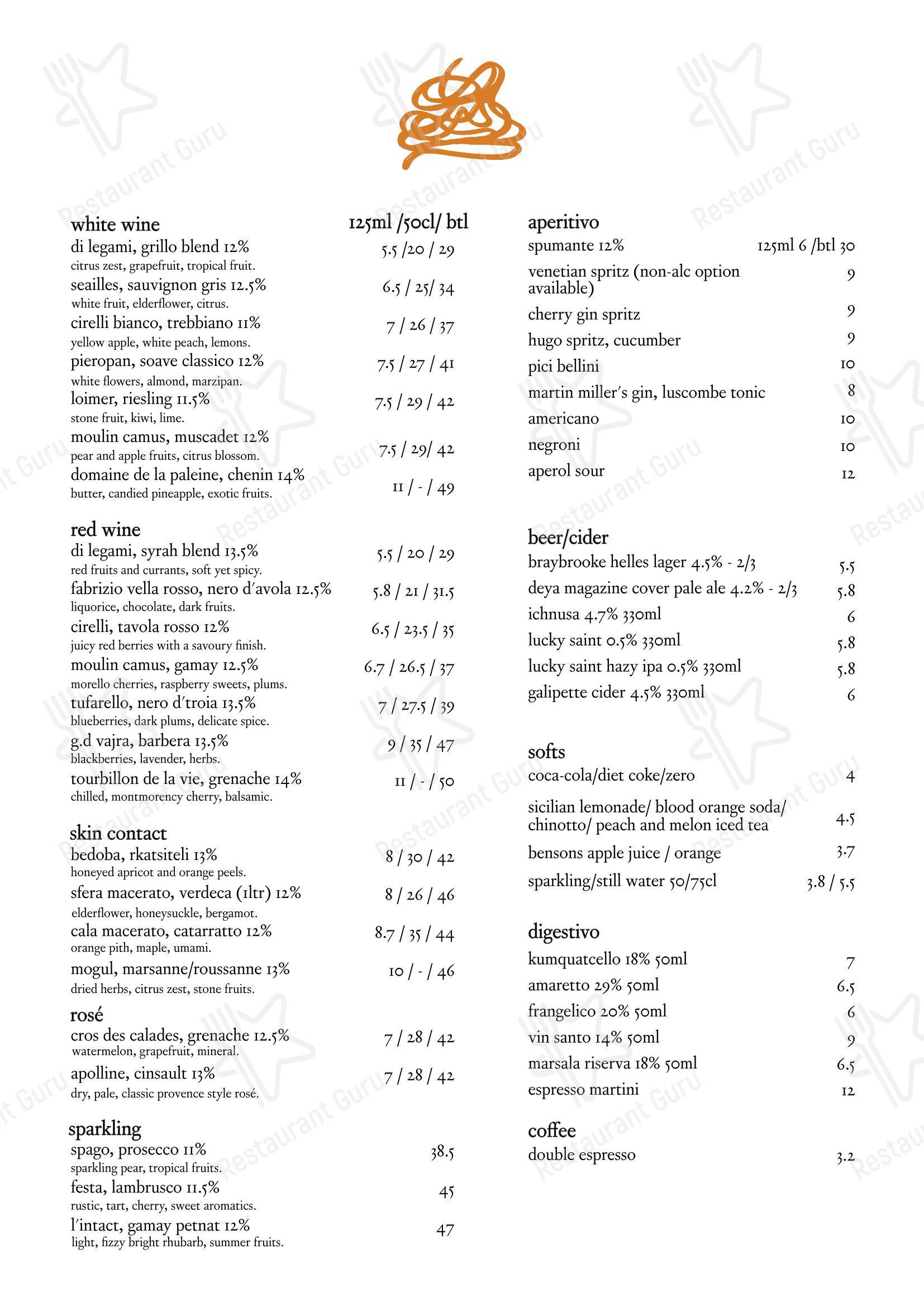 Pici в Ноттингеме - Меню