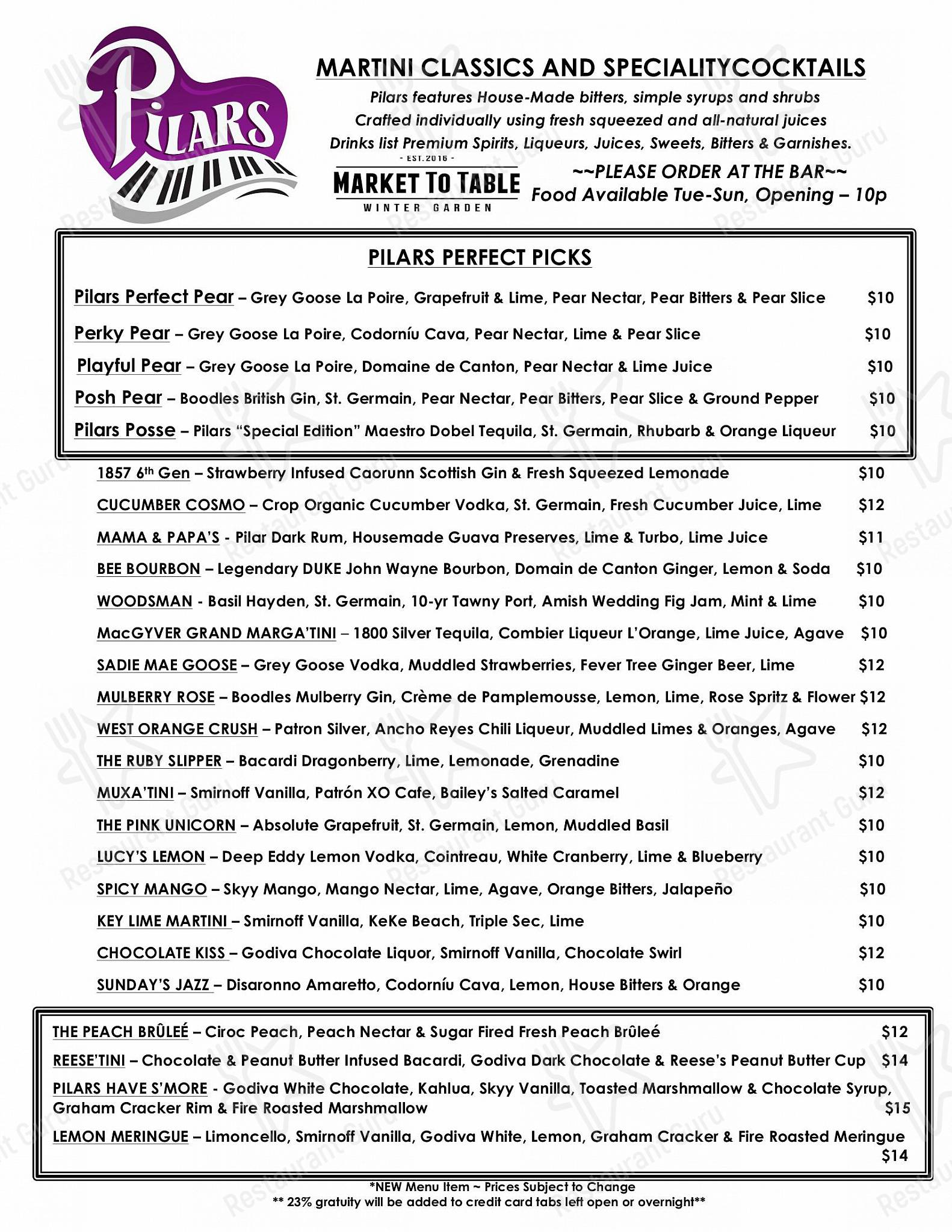 Pilars Martini & Loft в Винтере-Гардене - 菜单