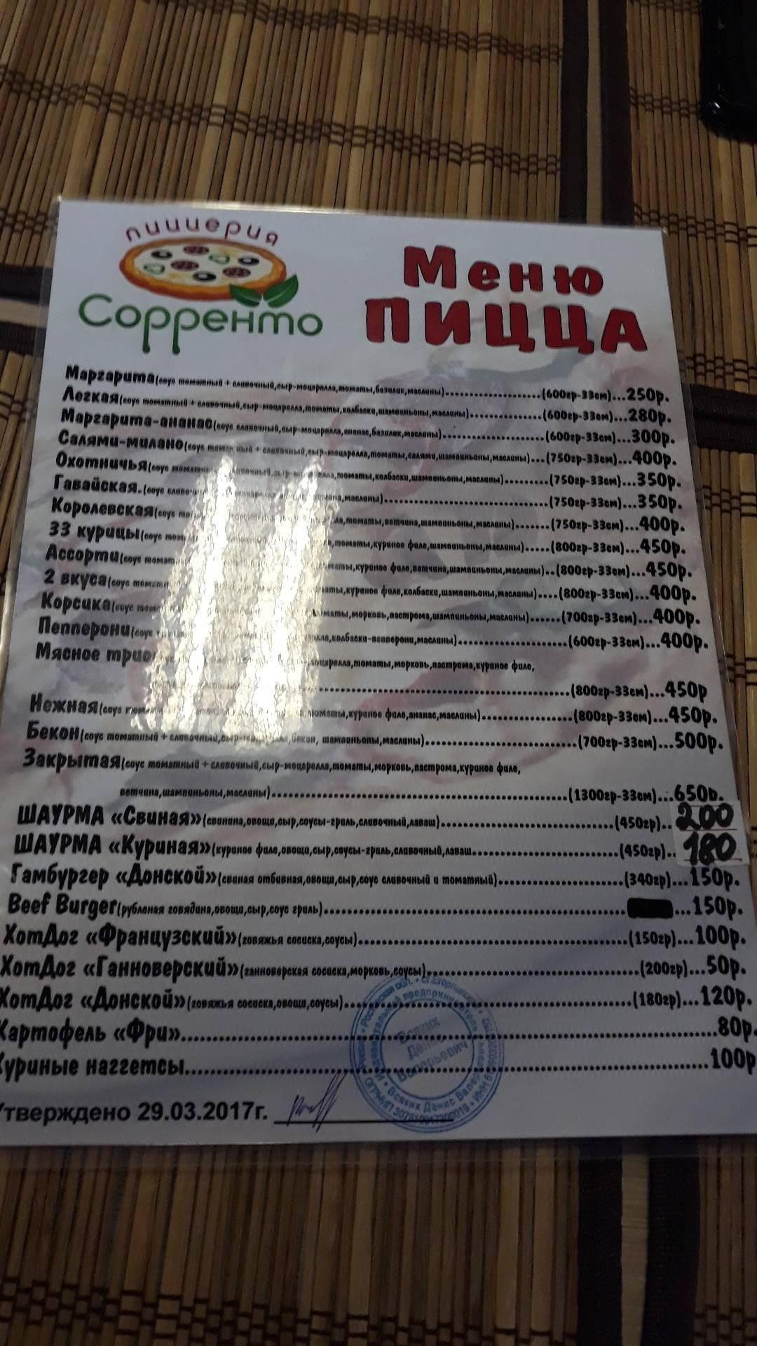 Пиццерия Сорренто меню