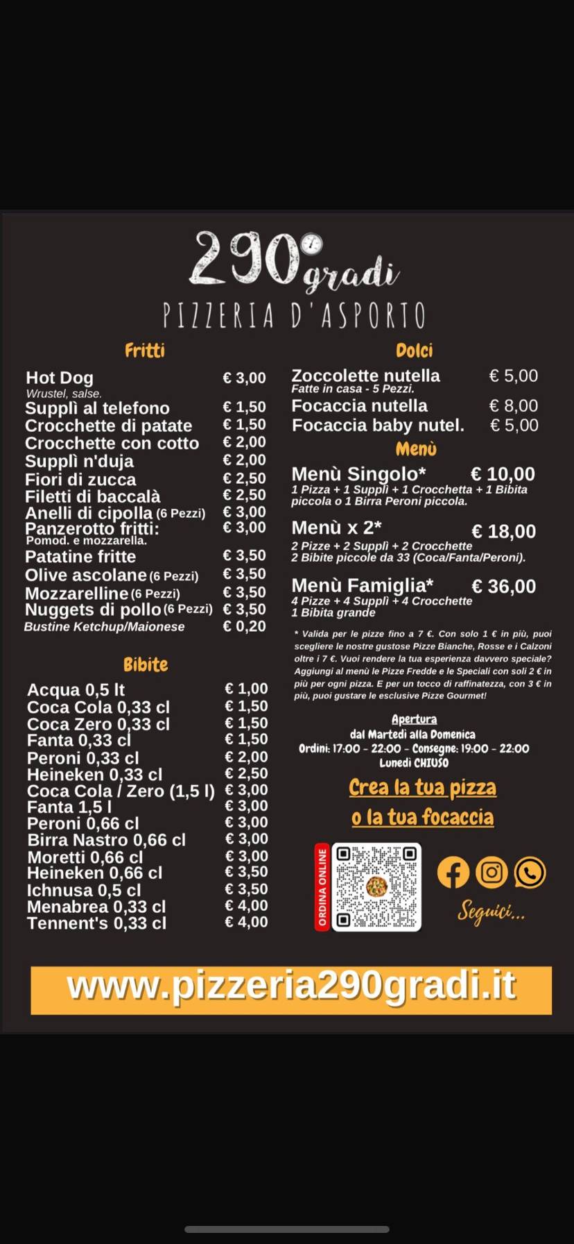 Pizzeria 290° Gradi меню