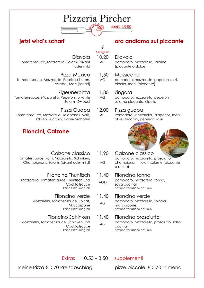 Pizzeria Eisdiele Pircher меню