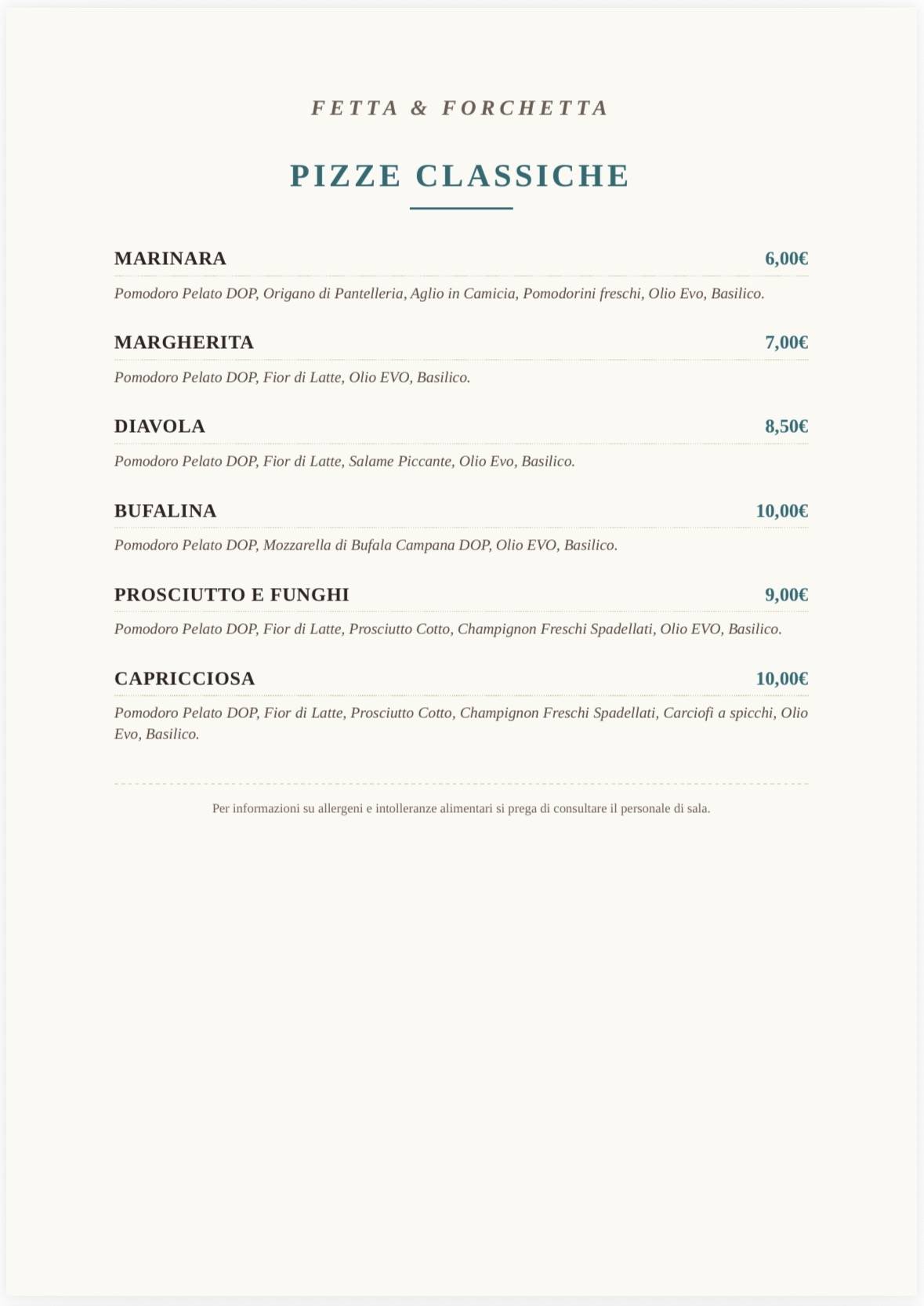 Fetta e Forchetta Pizzeria Ristorante меню