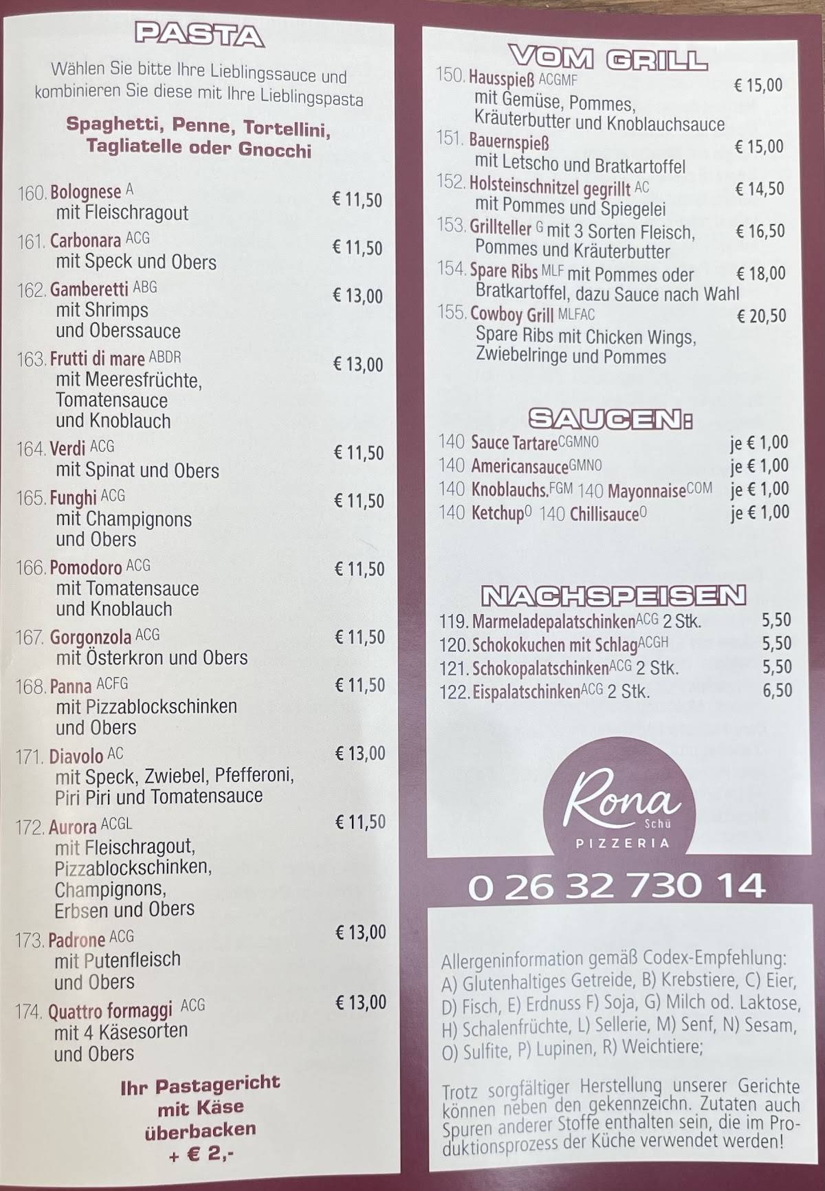 Pizzeria Rona (Schü) меню