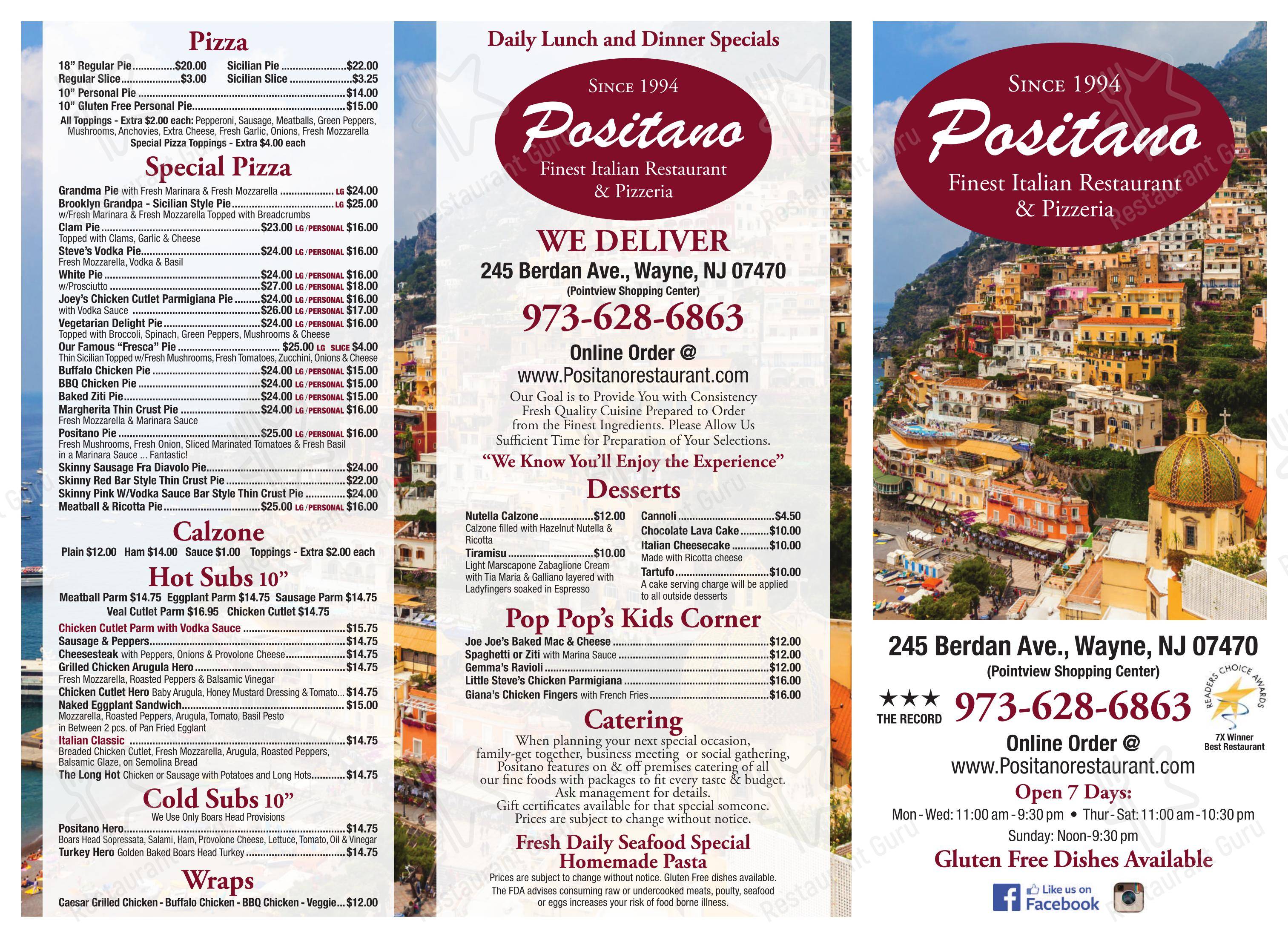 Меню пиццерии Positano Restaurant and pizzeria в Уэйне