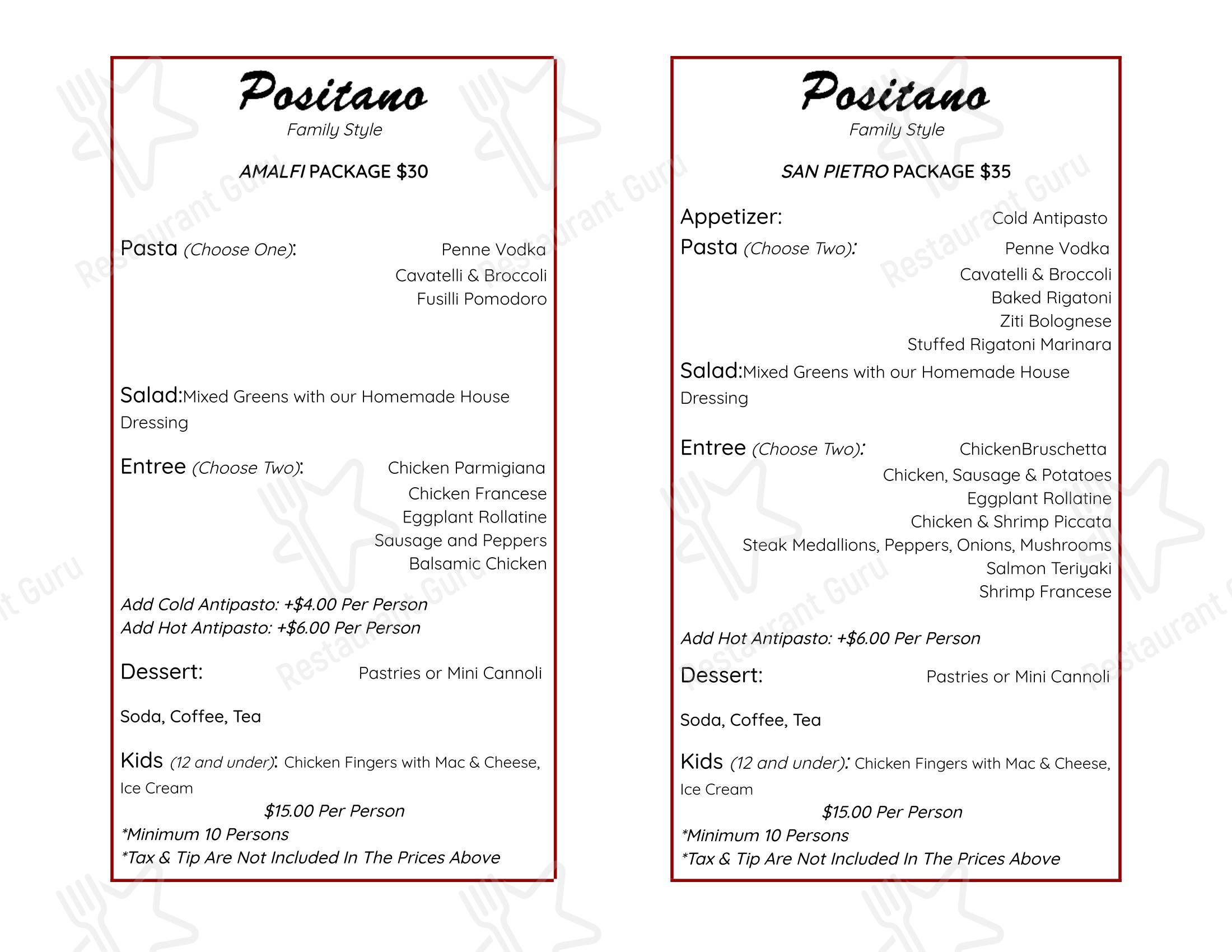 Positano Restaurant and pizzeria в Уэйне - 菜单
