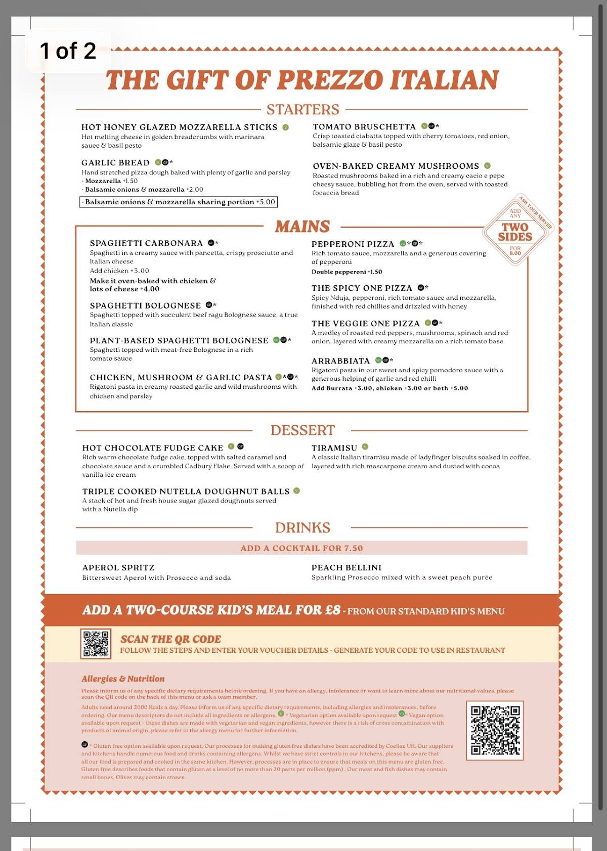 Prezzo Italian Restaurant Grantham меню