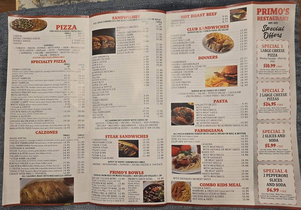 Primo Pizza Restaurant меню