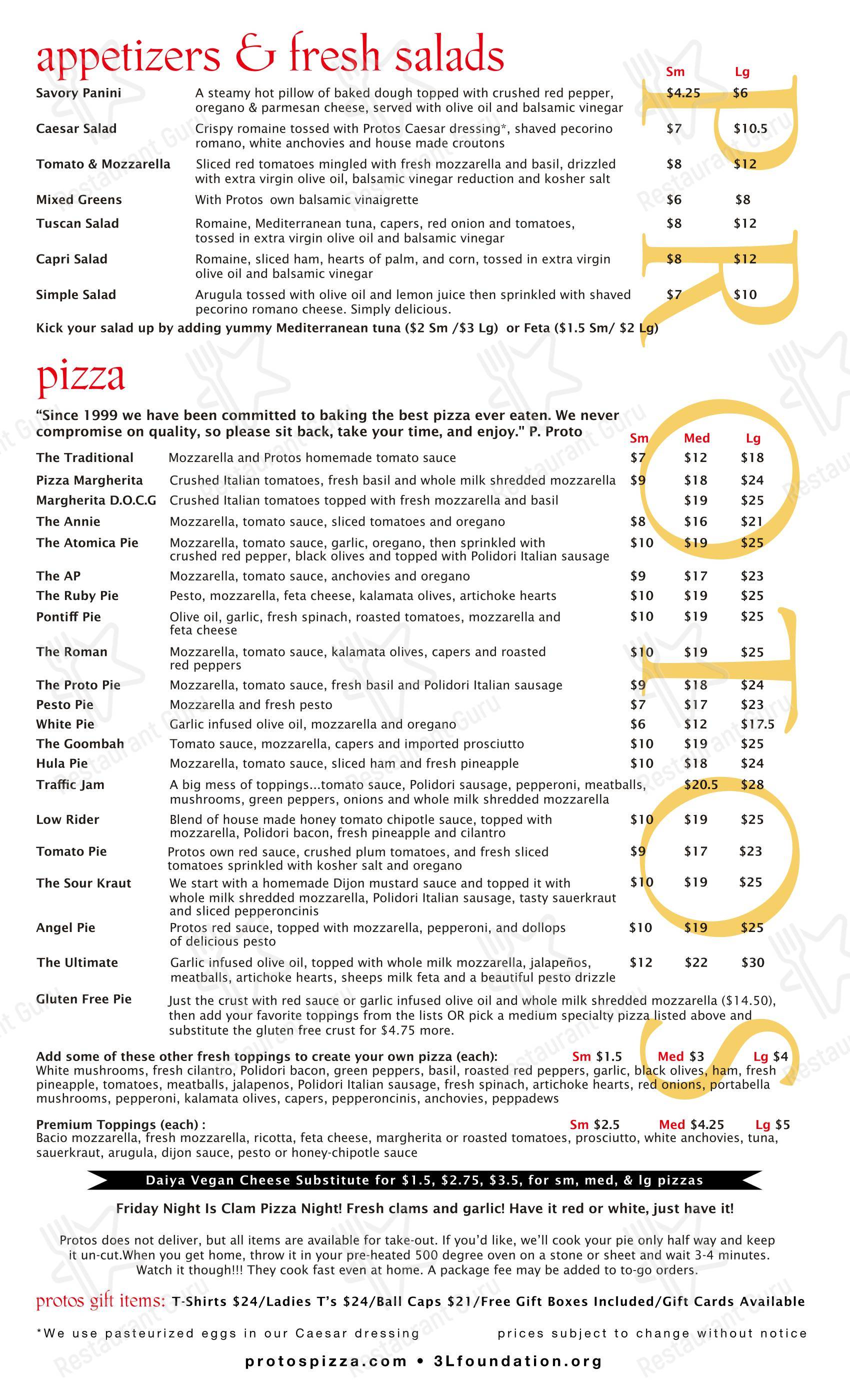 Меню пиццерии Proto's Pizza Broomfield в Брумфилде