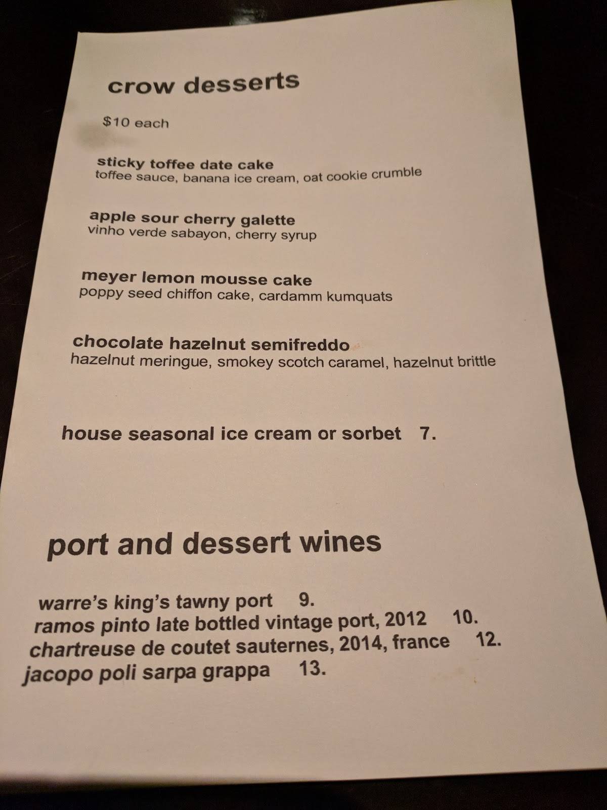 Crow Restaurant & Bar меню